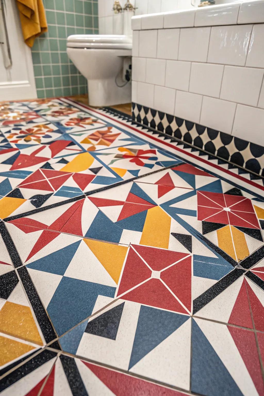Geometric designs contribute a dynamic touch to your bathroom floor space.