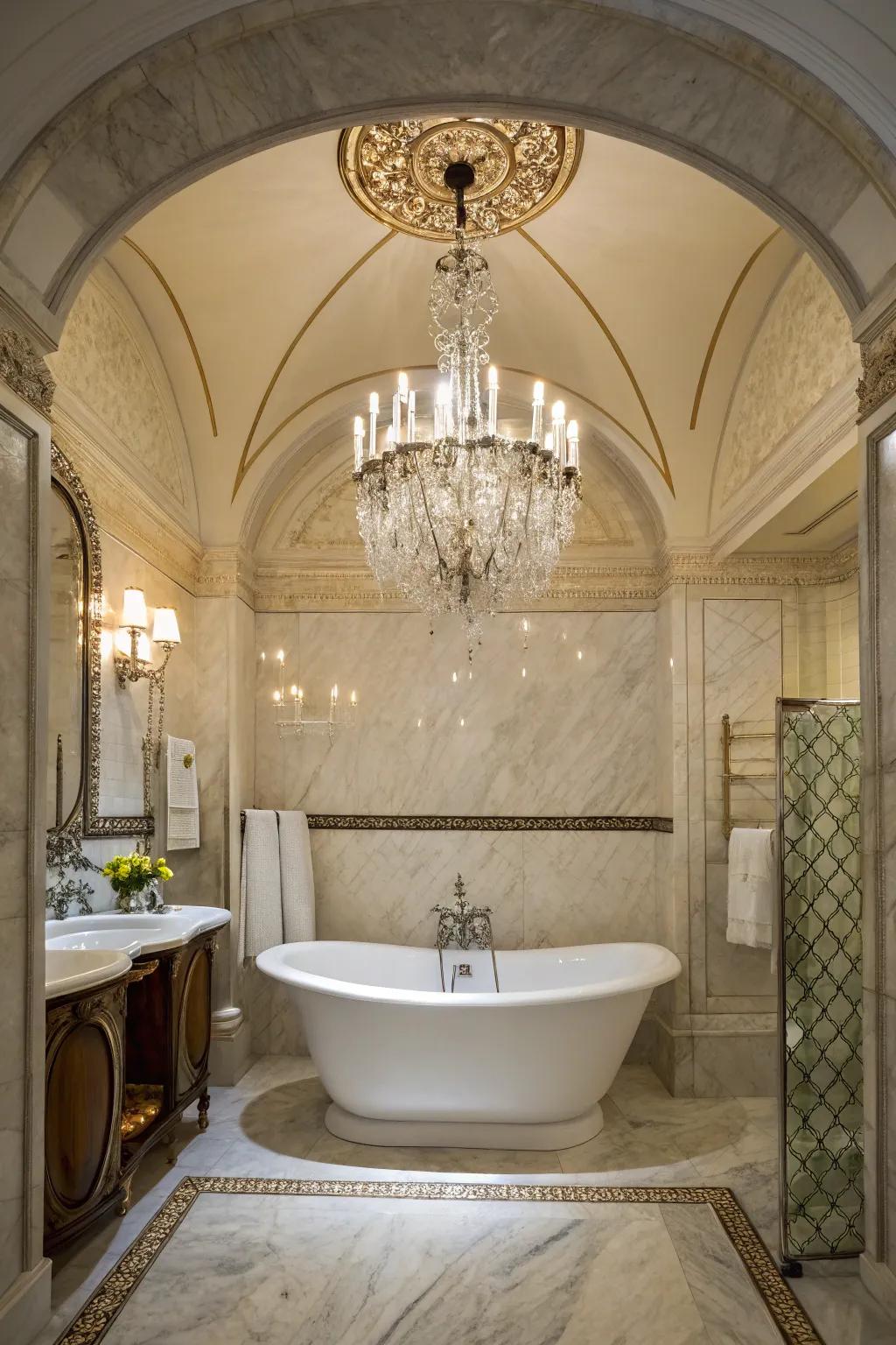 A hanging light contributes a hint of extravagance over the tub.