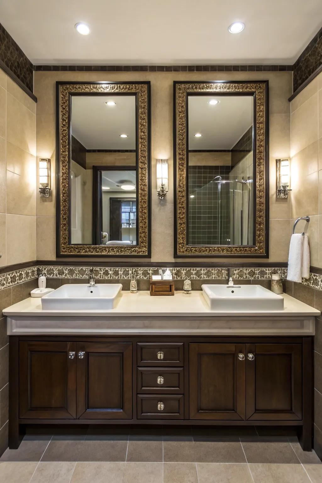 Identical mirrors provide equilibrium and personal space in a shared double vanity design.
