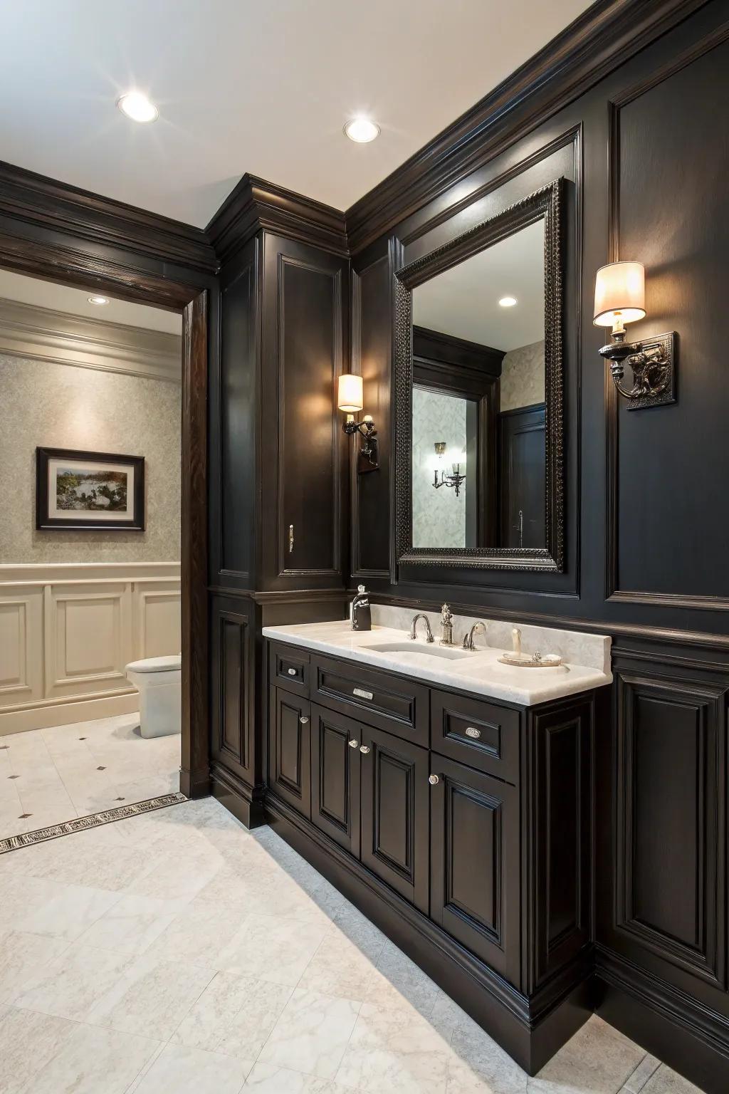 Shadowy molding fashions a compelling contrast in contemporary bathrooms.
