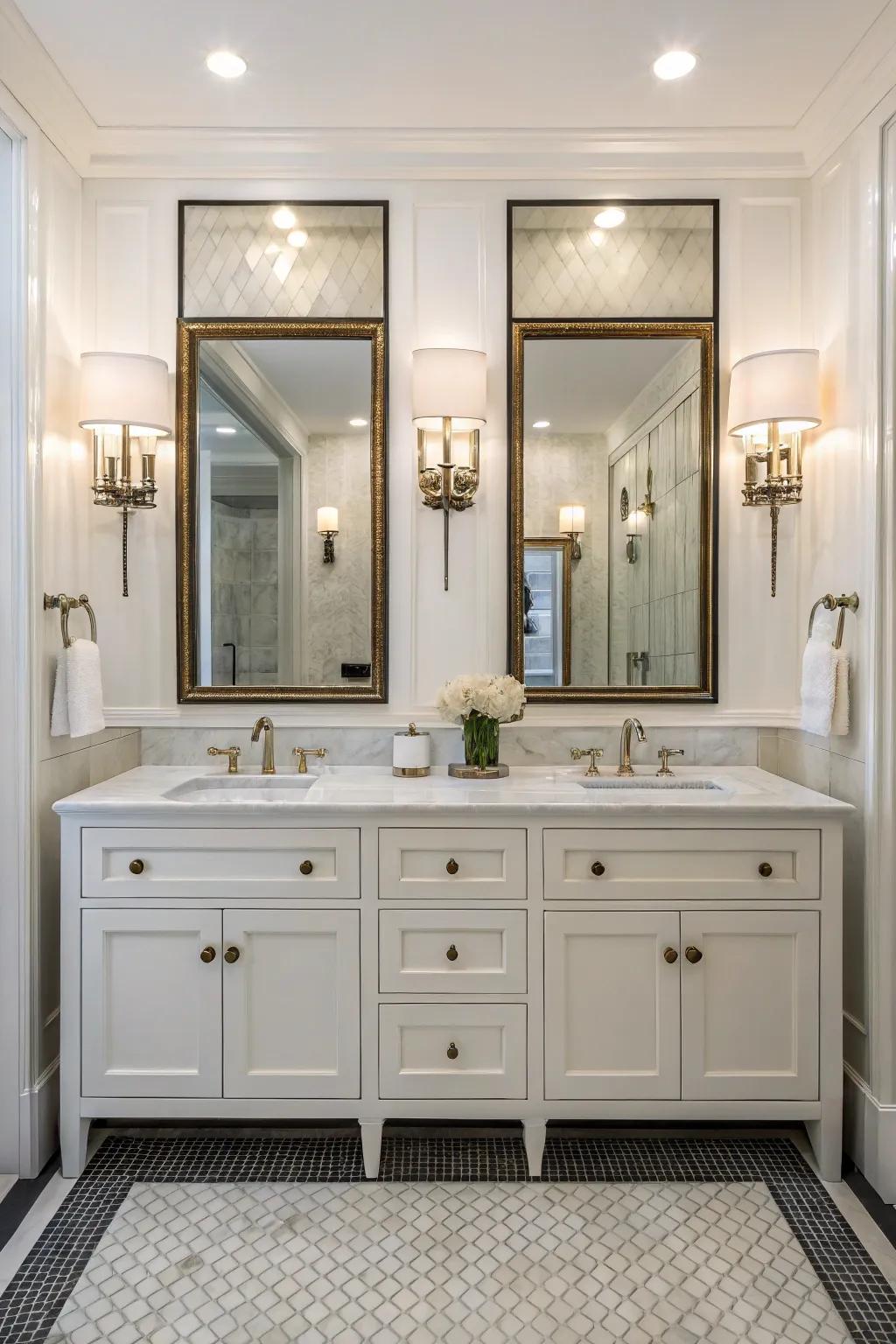 Symmetrical wall lights create a balanced and elegant appearance.