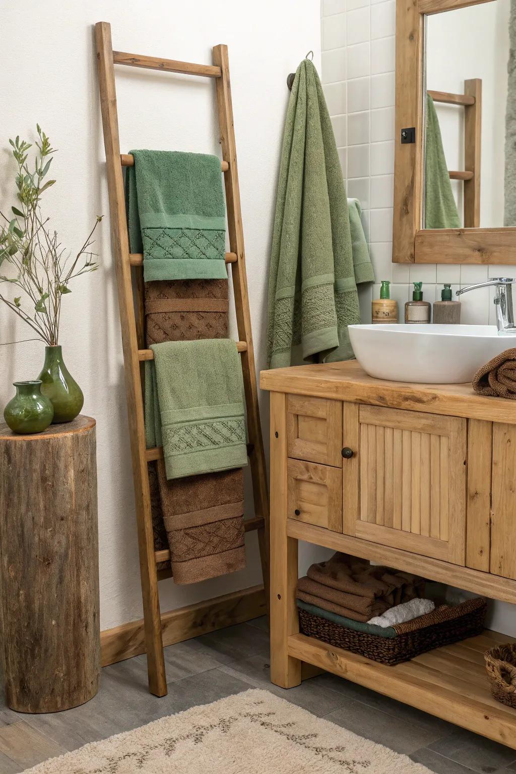 Verdant and sienna towels bestow a warm, organic sensation to your bathroom.