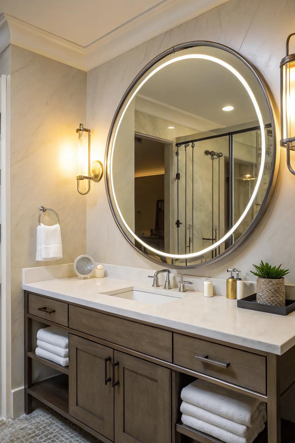 A striking mirror serves as both a practical item and a decorative highlight.