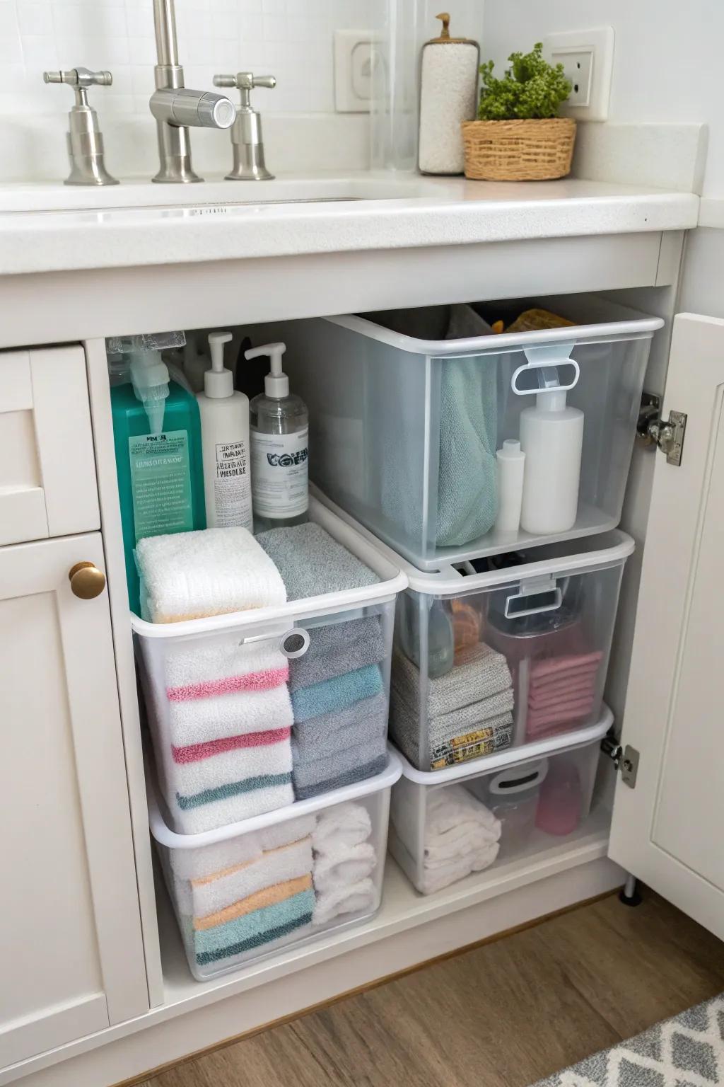 Clear containers and modifiable shelves beneath the sink.