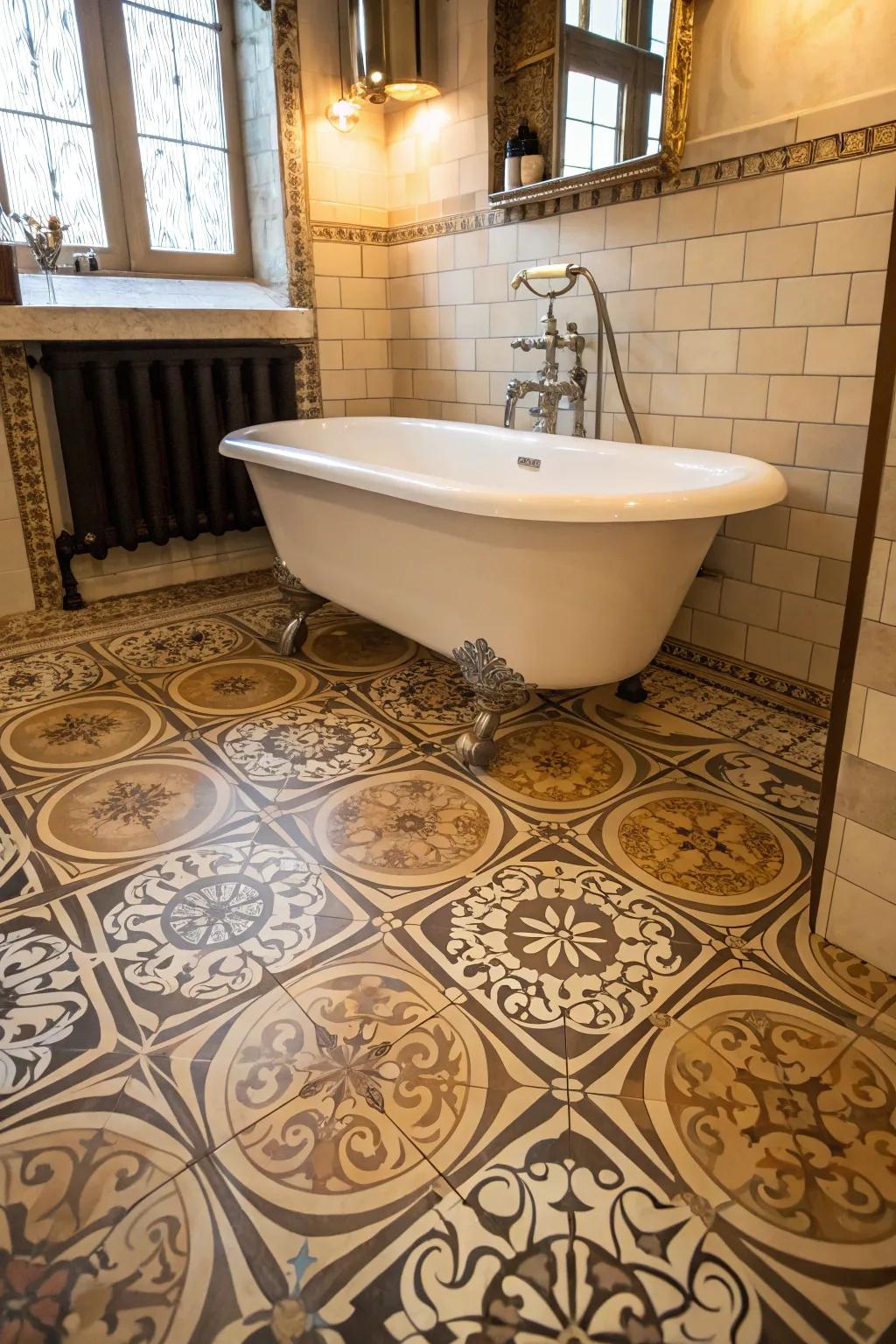 Complex patterns on <strong><em>plastic-based floors</em></strong> supply a spectacular centerpiece in this classic-inspired restroom.” loading=”lazy” class=”pimg”>
	</picture><figcaption>Complex patterns on <strong><em>plastic-based floors</em></strong> supply a spectacular centerpiece in this classic-inspired restroom.</figcaption></figure>
<p>For individuals who enjoy a little creativity, <strong><em>patterned plastic tiles</em></strong> supply a visual banquet. These styles can change your restroom right into a masterpiece.</p>
<h3>Maybe worth checking out:</h3>
<ul class=