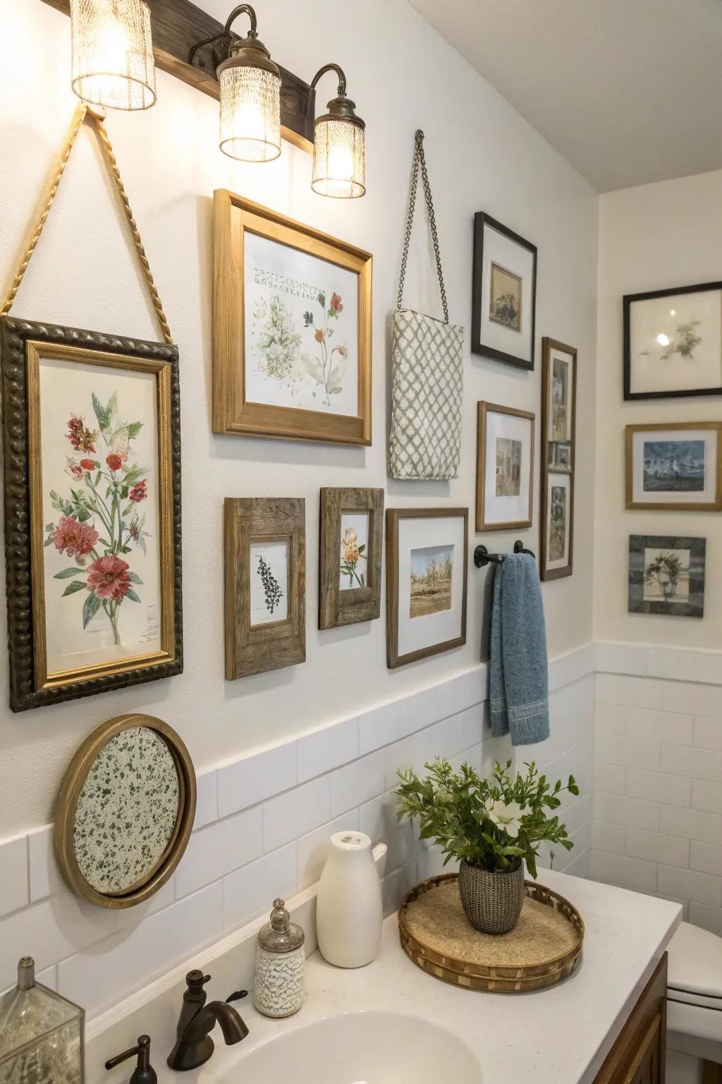 Artwork transforms the bathroom walls into an expressive gallery.
