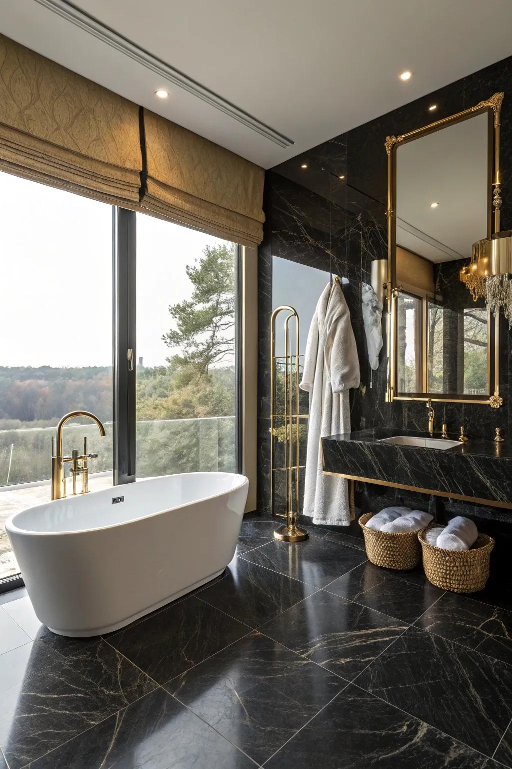 A standalone soaking tub introduces a component of luxury to this stylish bathroom.