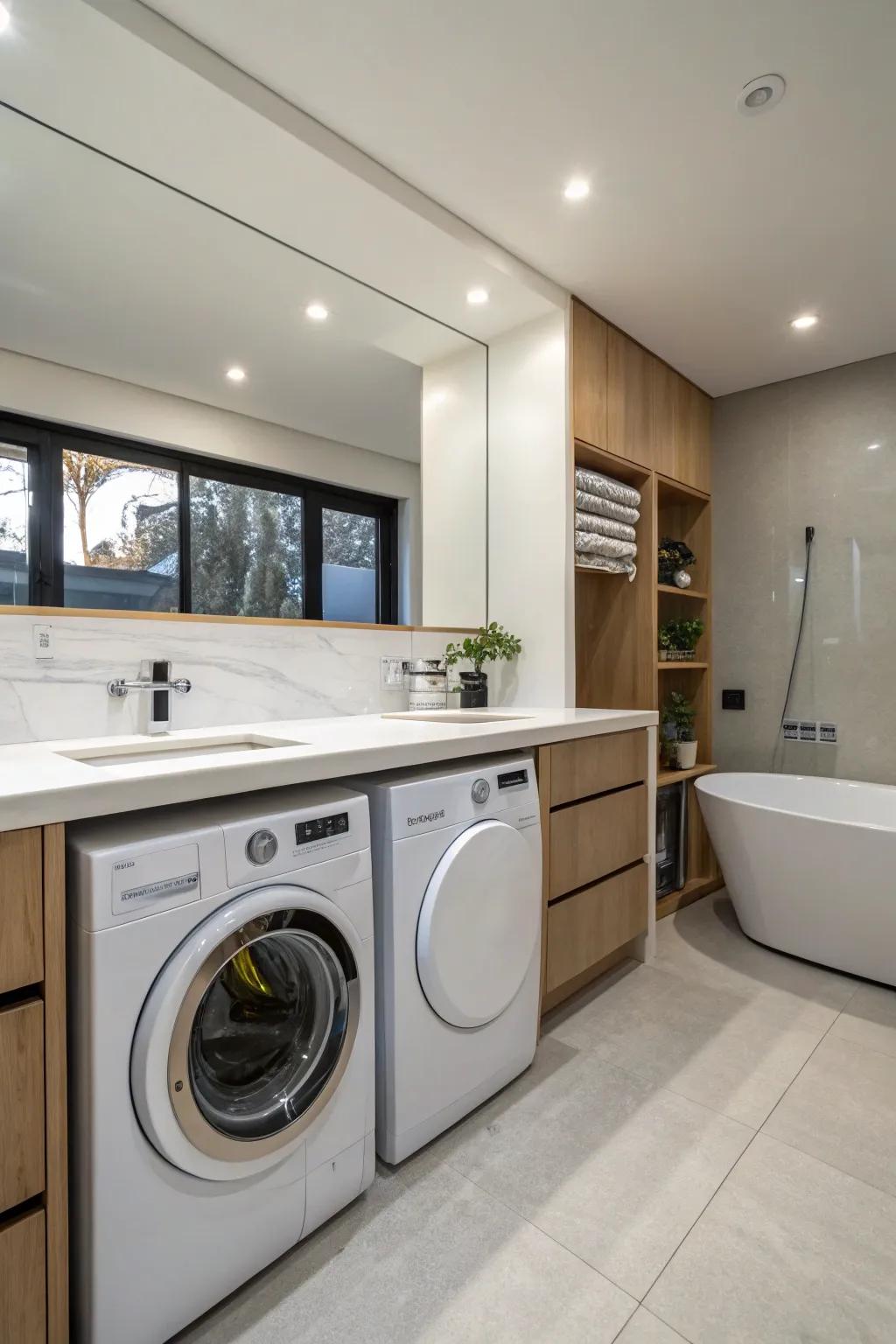 Positioning the washer and dryer under the counter to achieve a sleek design.