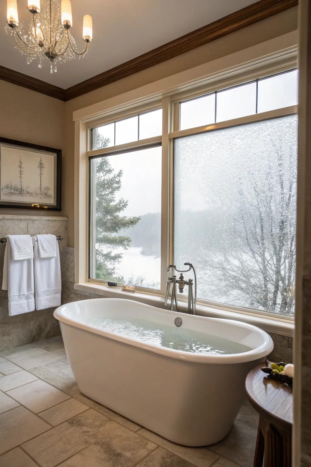 A tub complemented by obscured glass, blending light with seclusion.