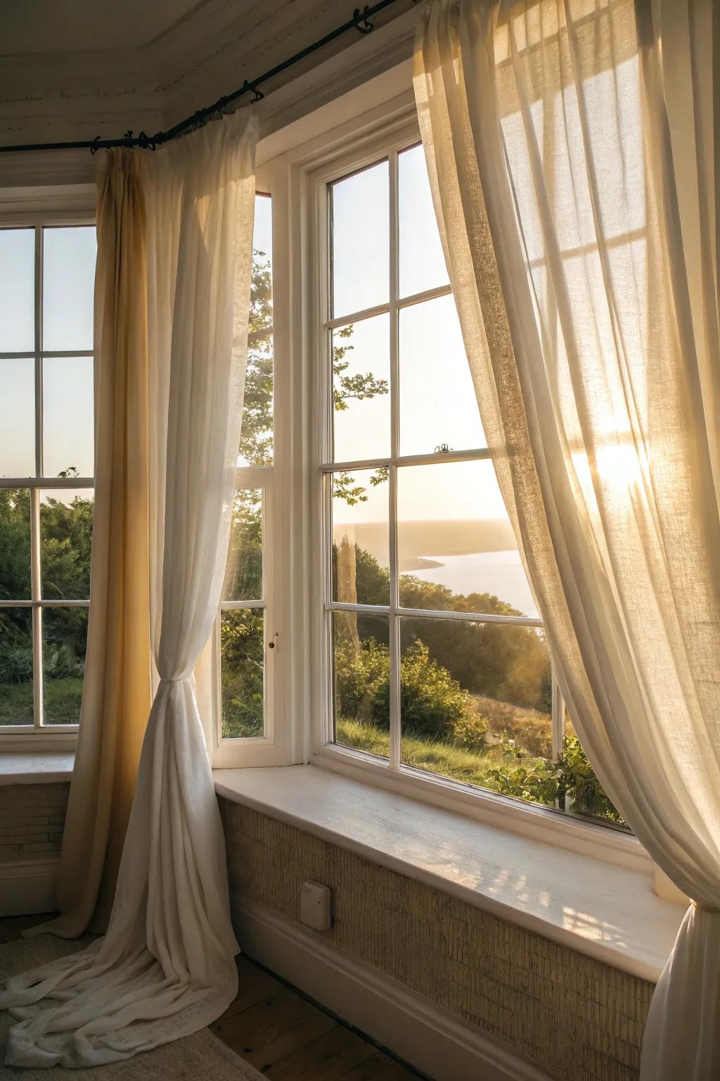 Light and ethereal materials keep your bay window radiant and appealing.