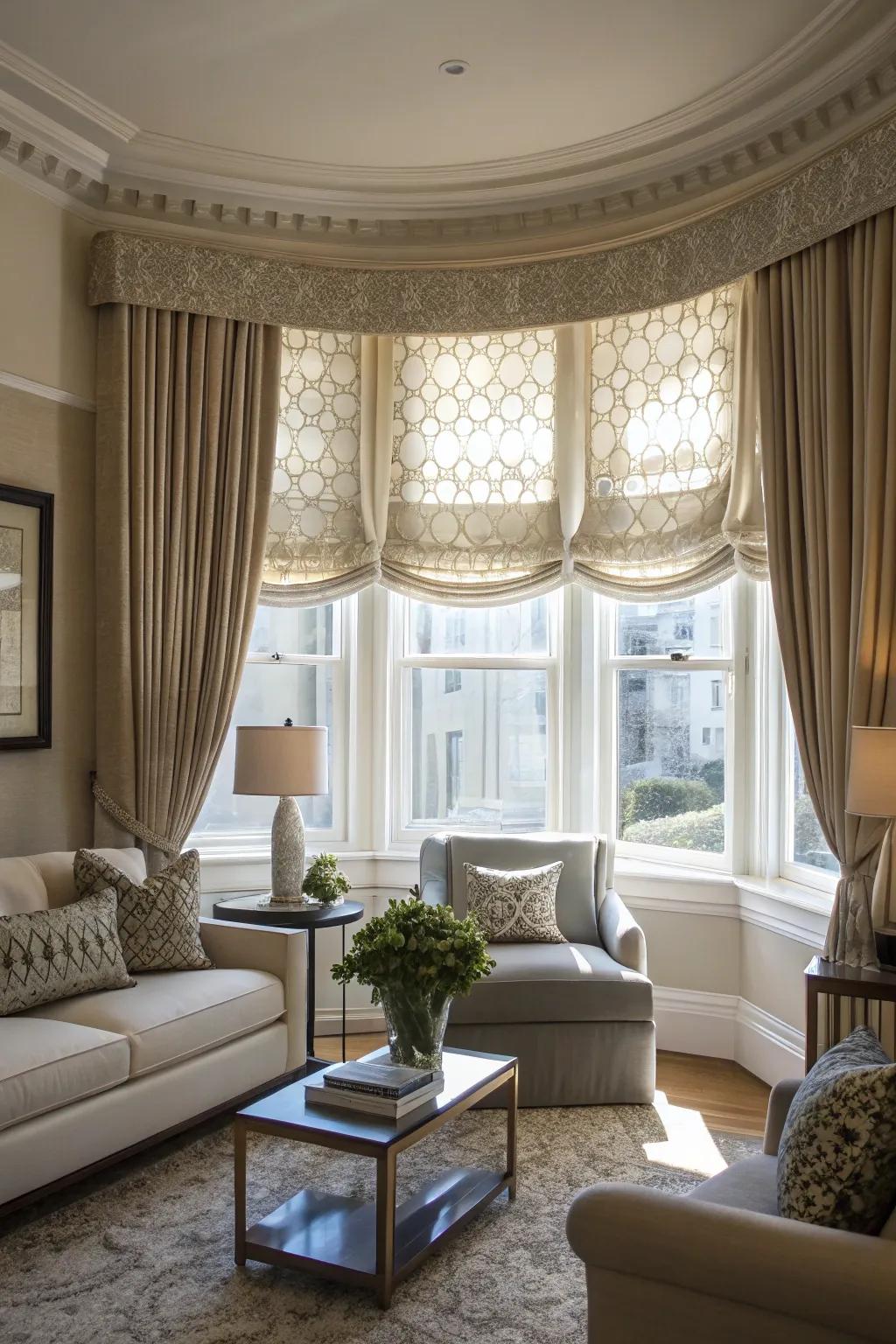 A mix of fabrics adds depth and visual interest to bay windows.