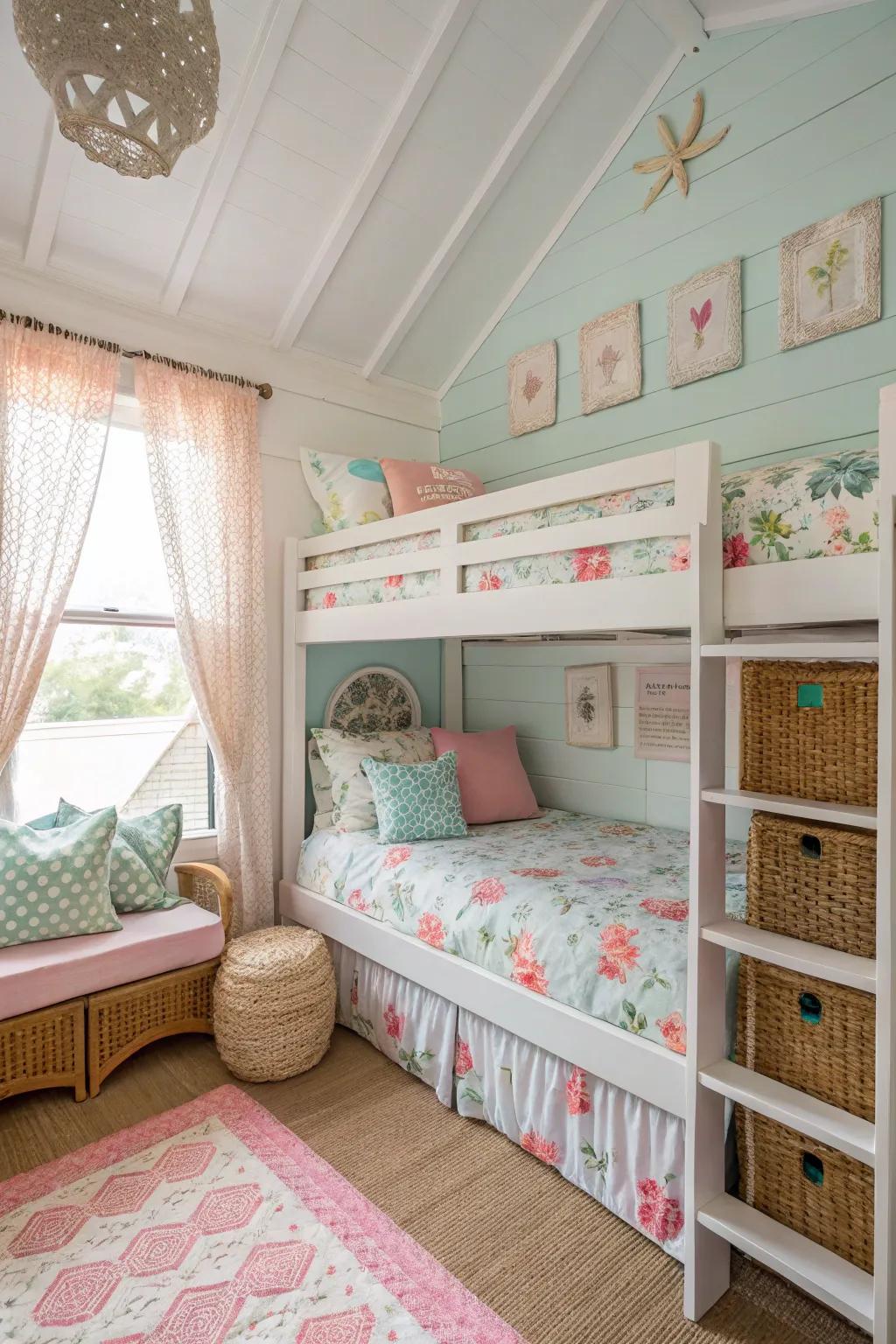 Enjoy the charm of a coastal cottage featuring inviting bunk beds.