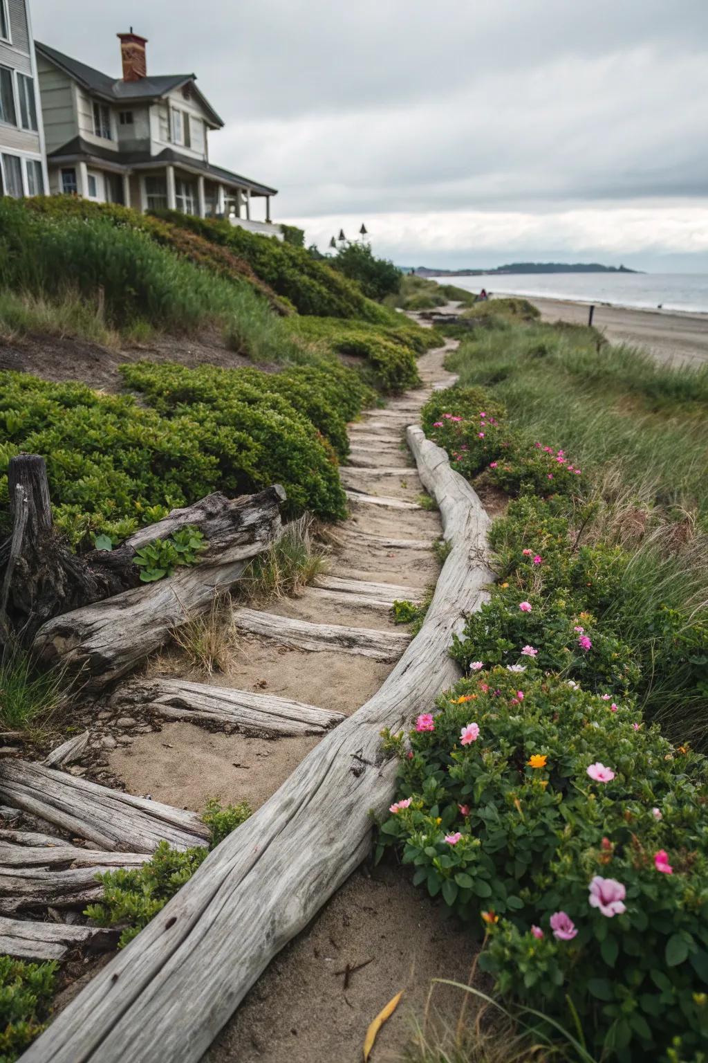 An attractive seaside wood pathway meandering through a coastal garden.