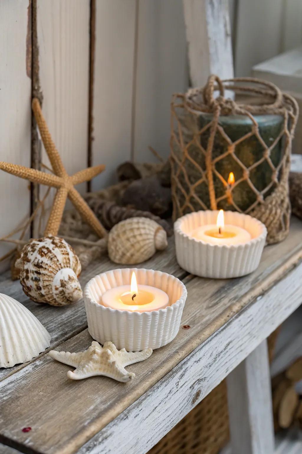 Cultivate a snug coastal atmosphere with seashell candle holders.