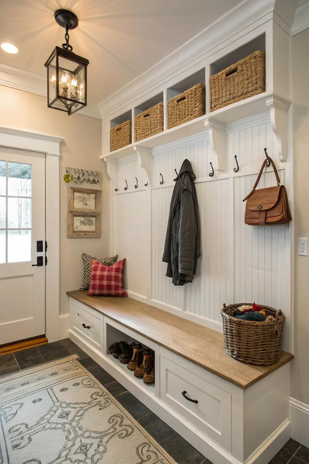 An exquisite foyer showcasing beadboard walls and useful storage.