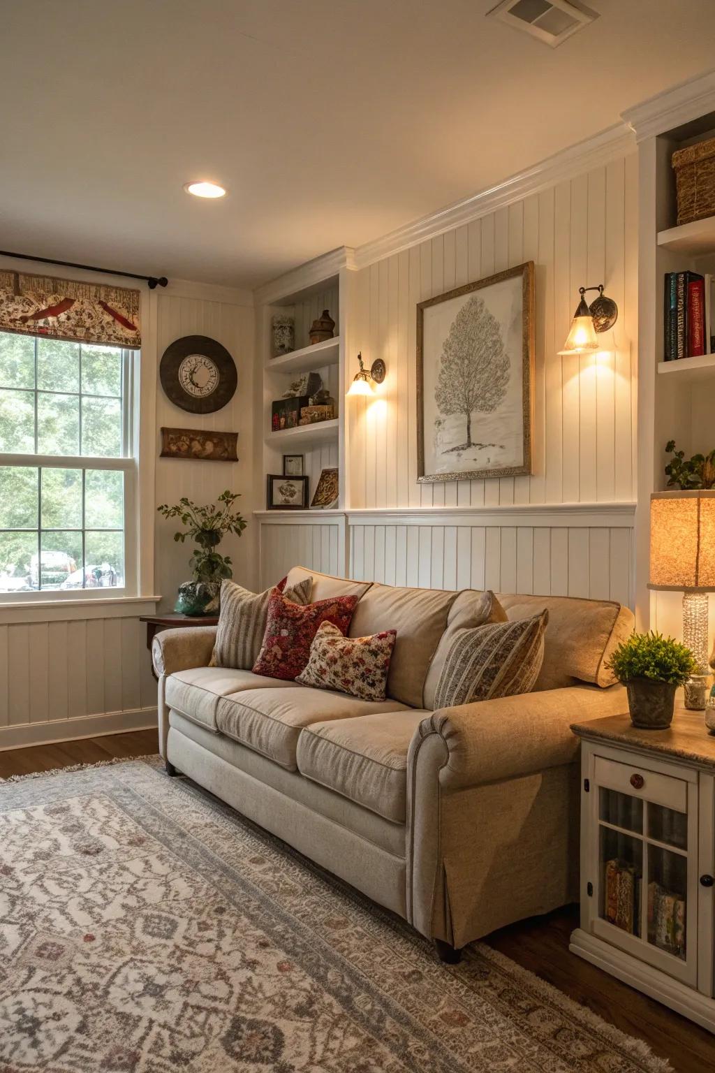 Mid-height grooved paneling incorporates a classic element to family rooms.