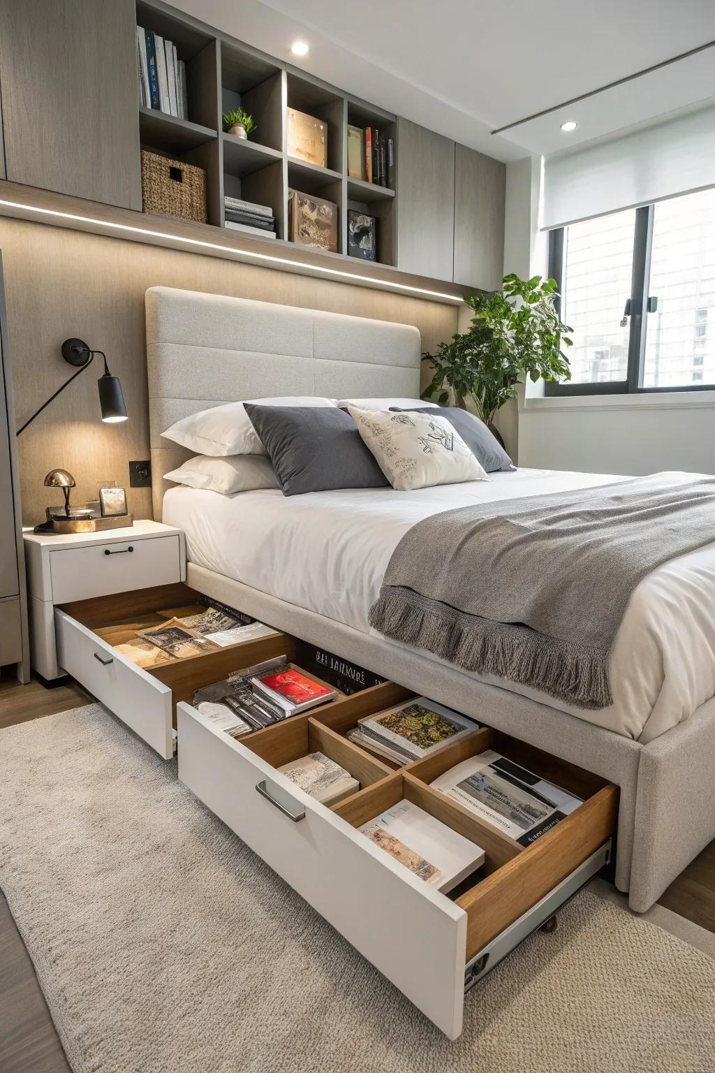 A bed base with storage compartments delivers both aesthetic and functionality.