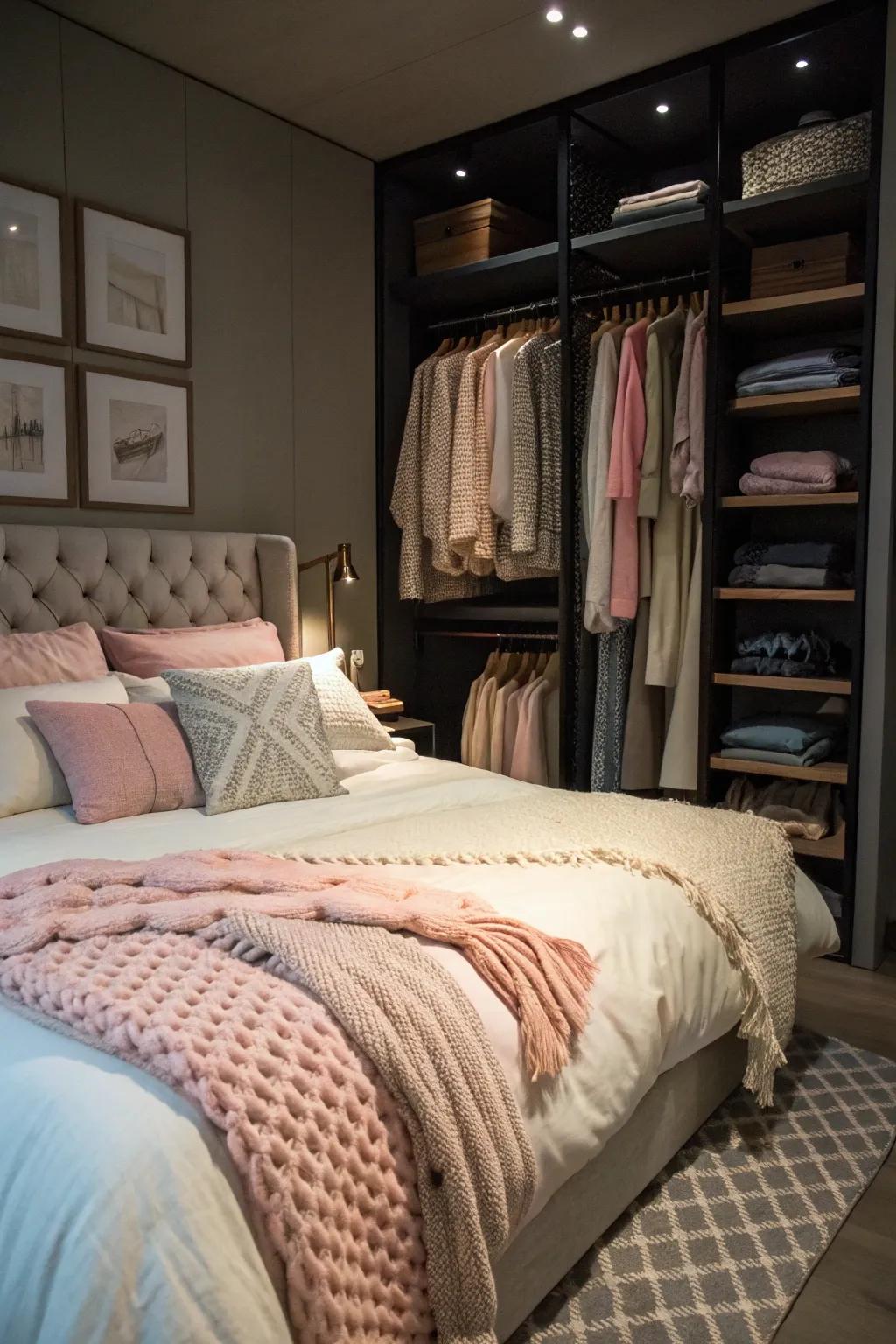 Cozy bedding transforms a small space into a serene haven.