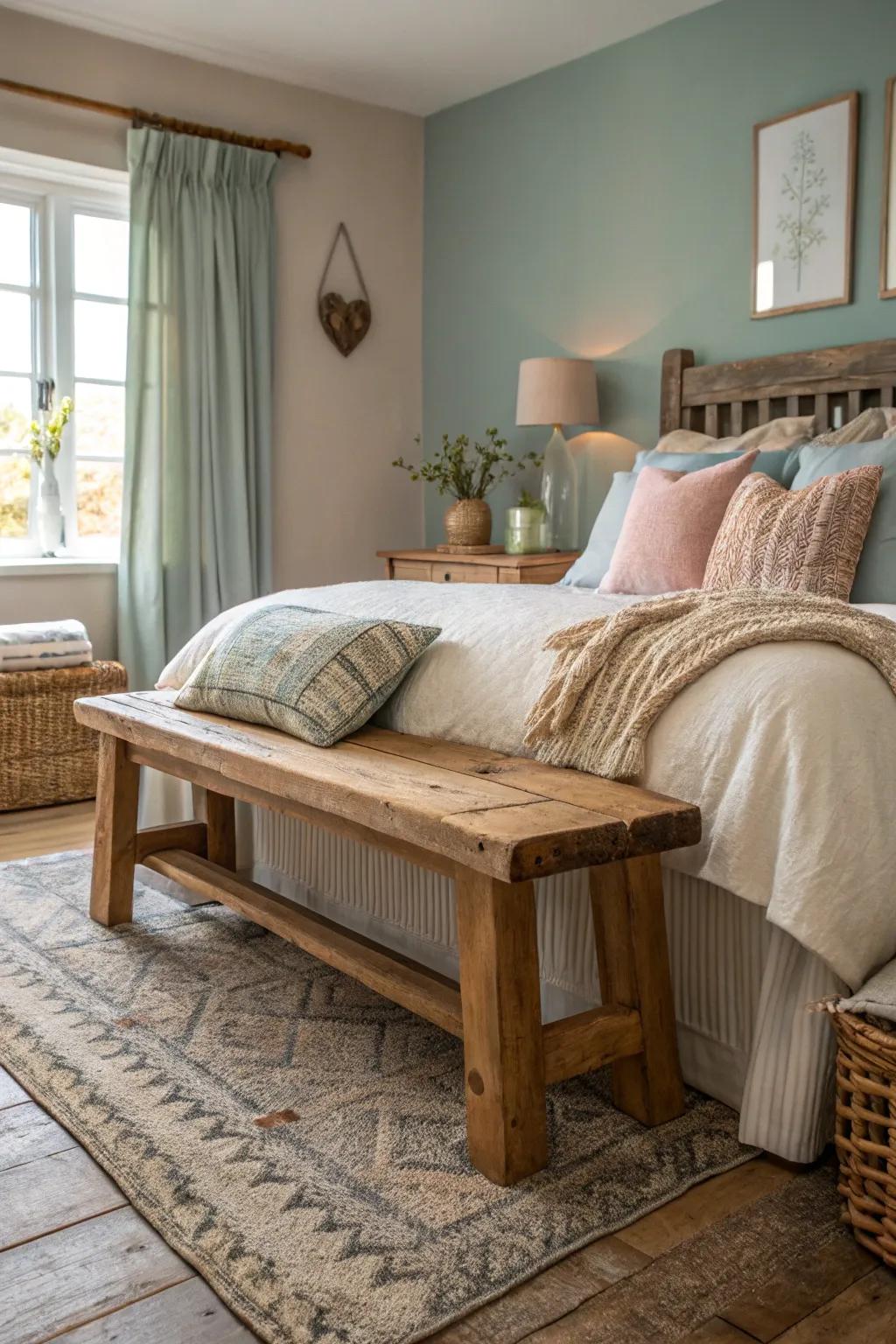 A wooden bench introducing rustic charm and warmth to your bedroom.