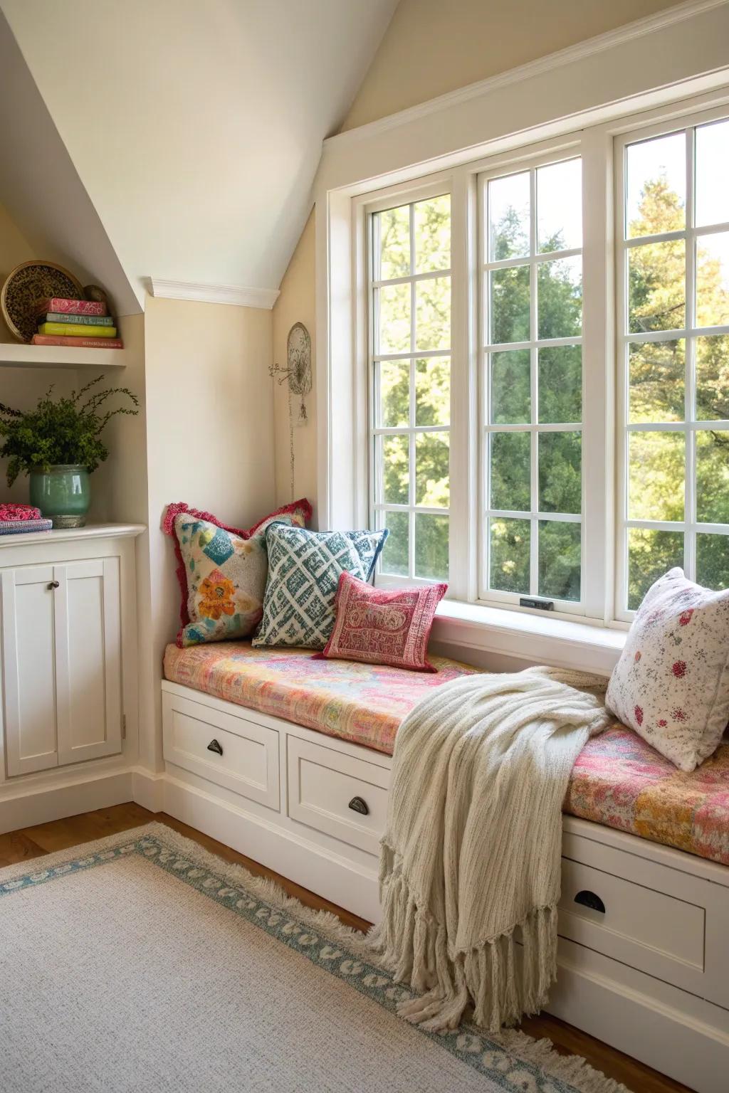 A charming window seat in a bedroom, offering a perfect blend of comfort and style.
