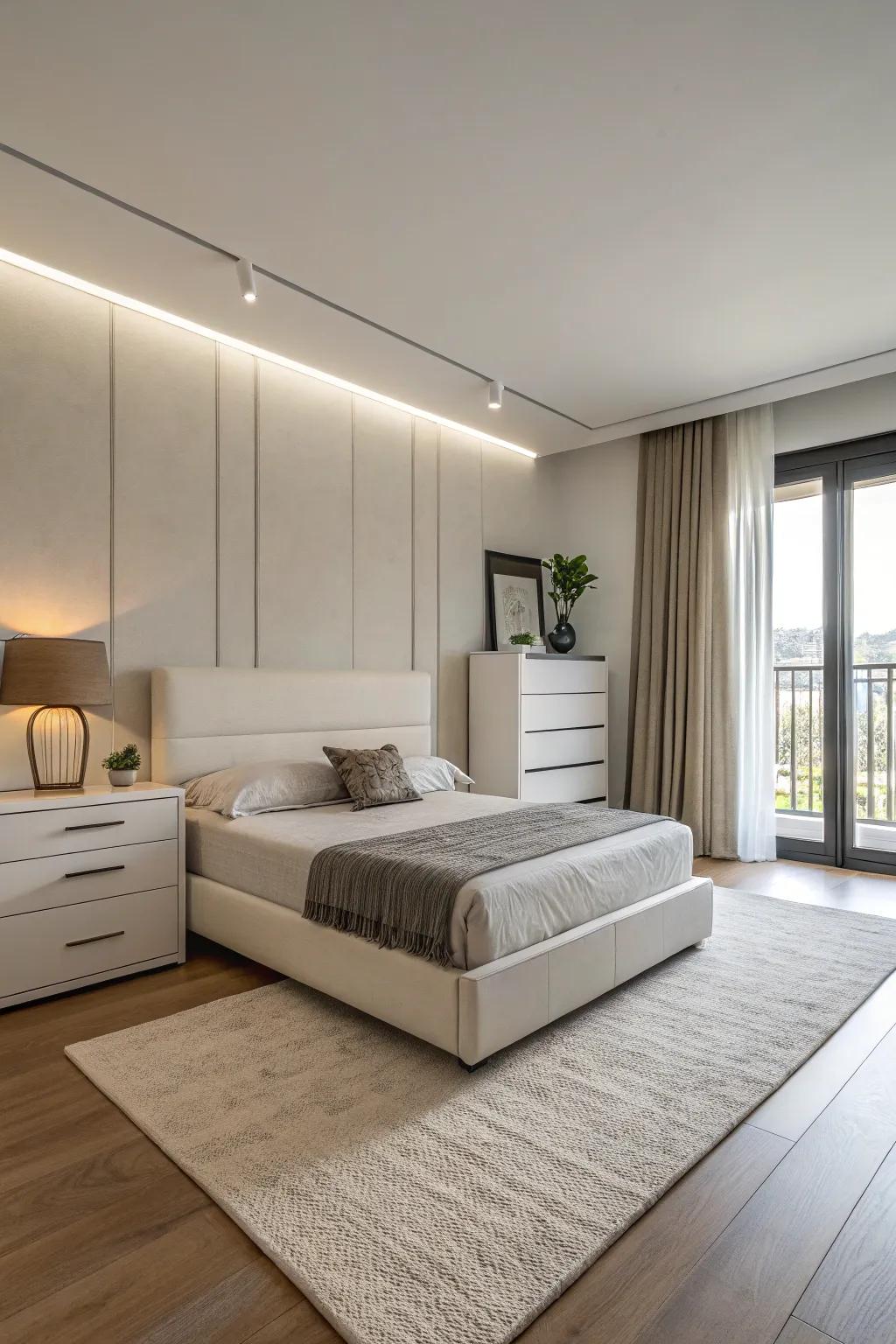 A bedroom featuring modern, minimalist furniture with clean lines.