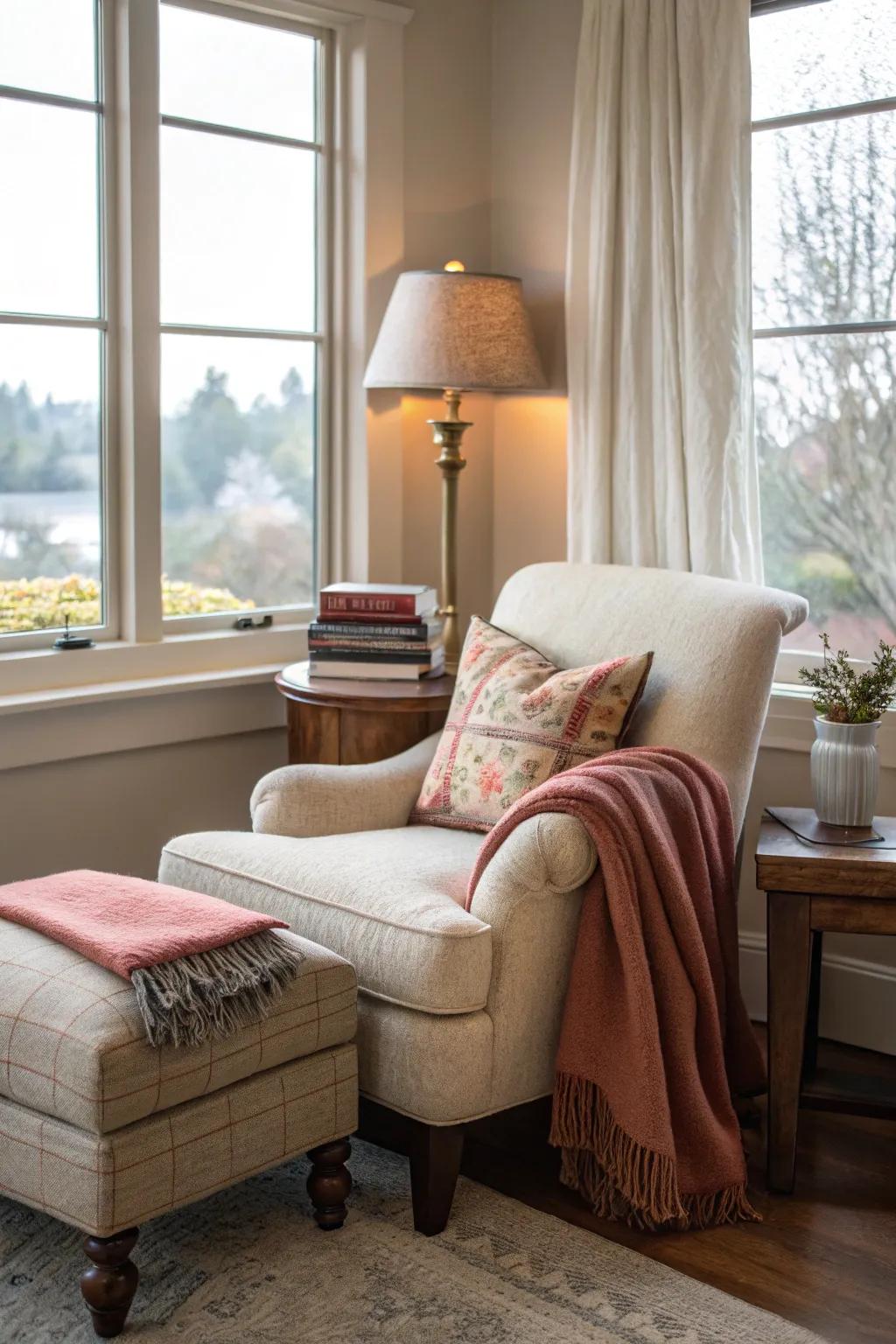 A reading nook introduces a sense of personal escape.