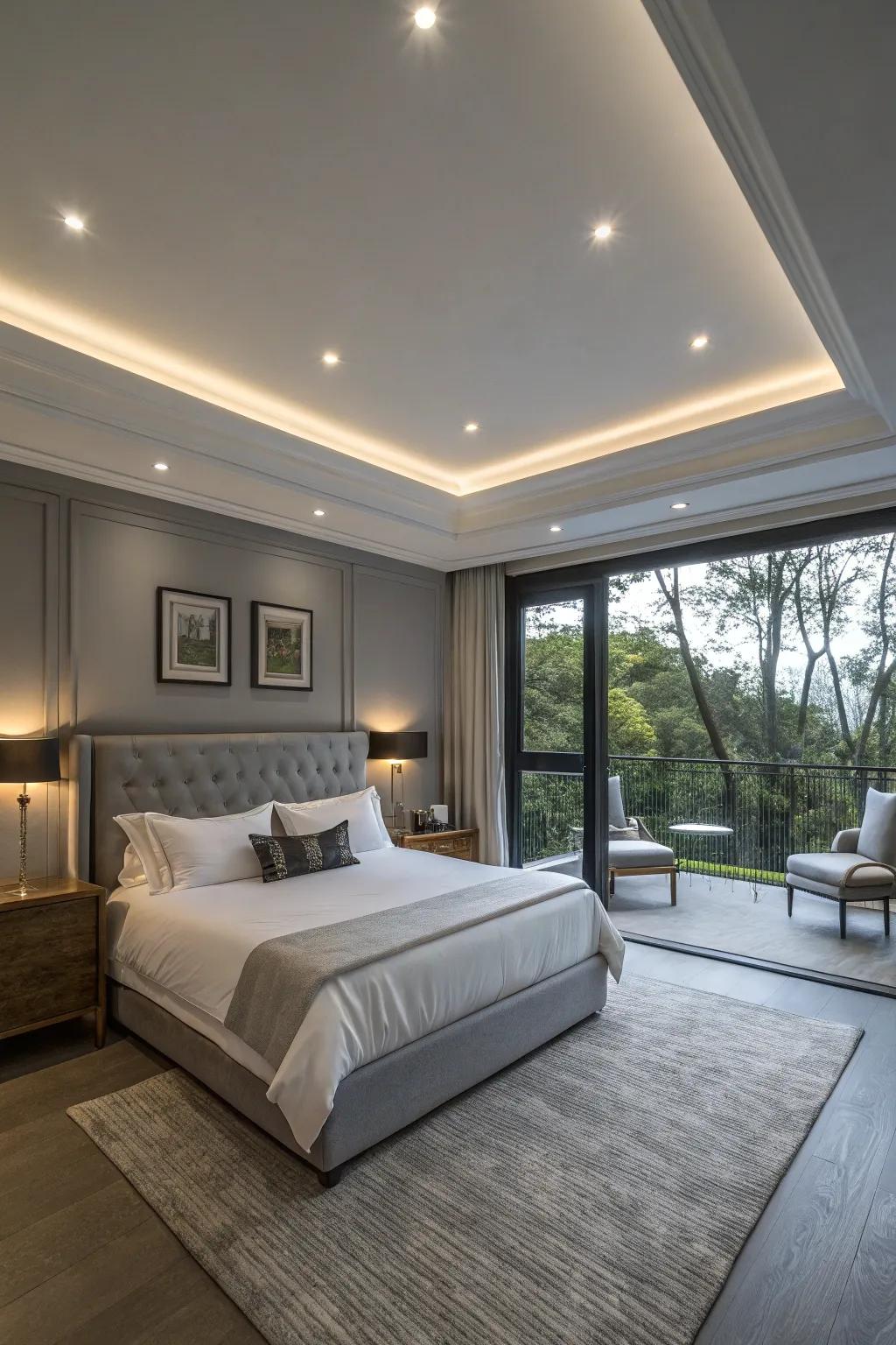 Flush lights lend a delicate touch to a modern bedroom.