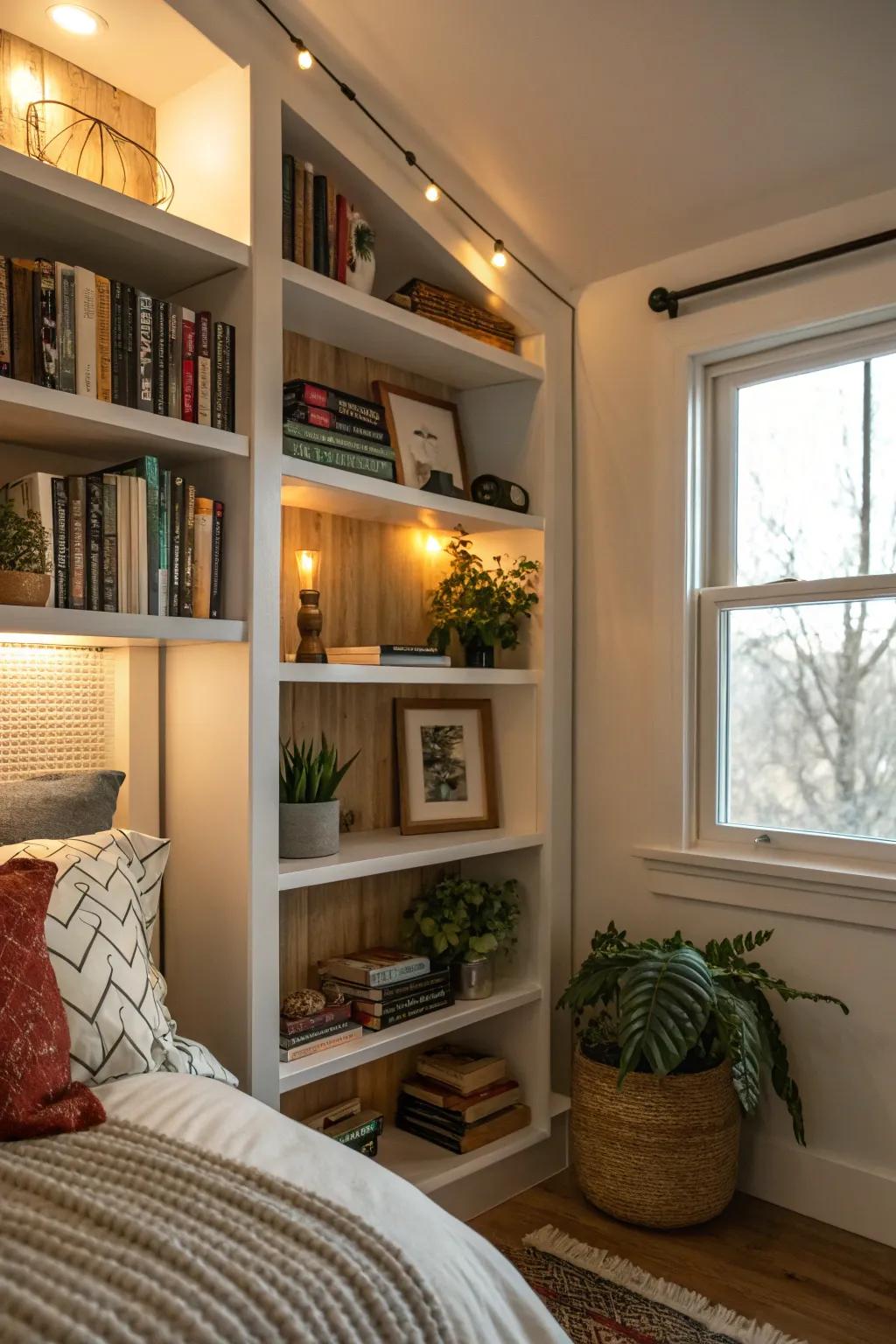 A cozy bedroom nook with built-in shelves, creating a personal library space.