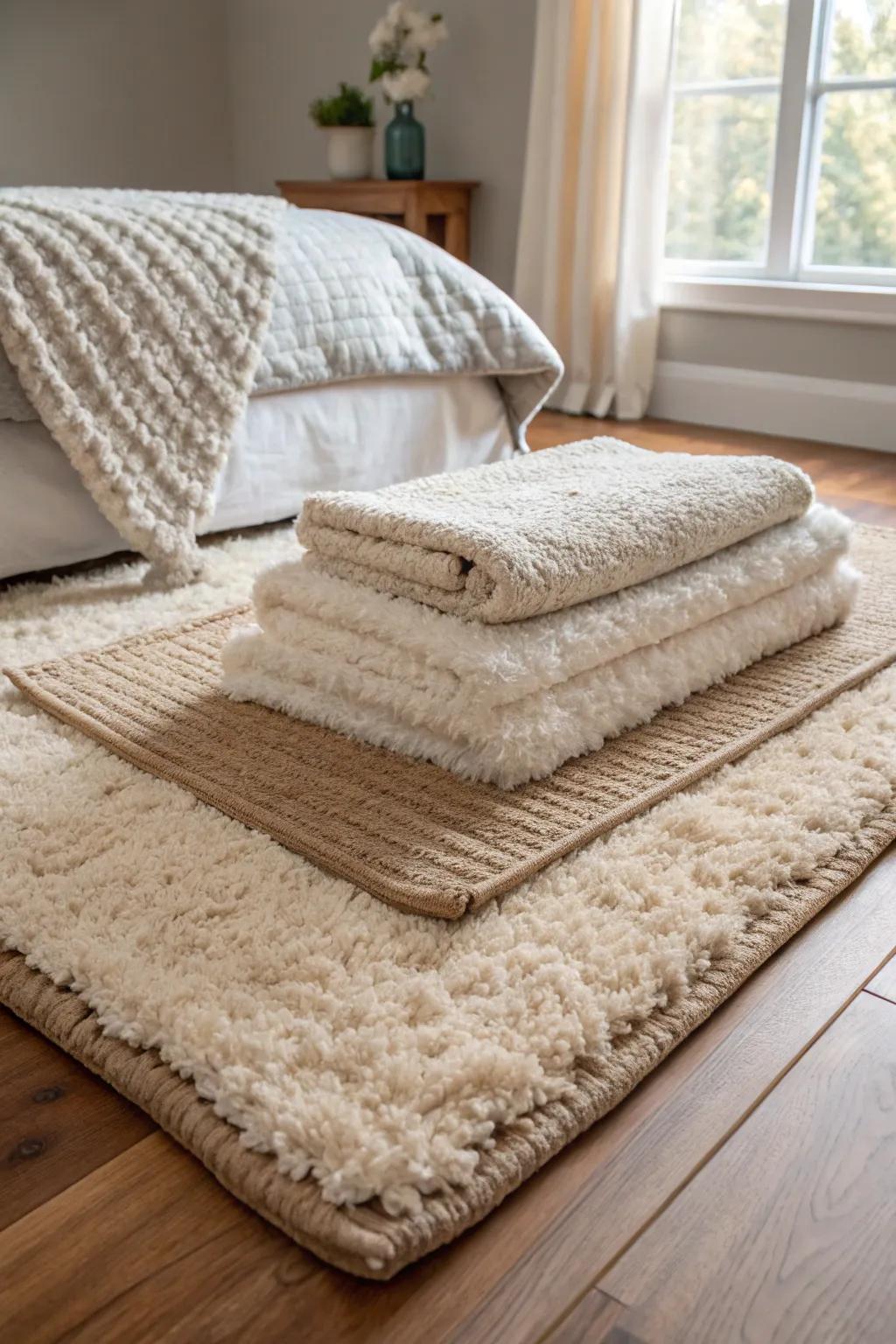 Layered floor coverings enhance warmth and depth in a bedroom setting.
