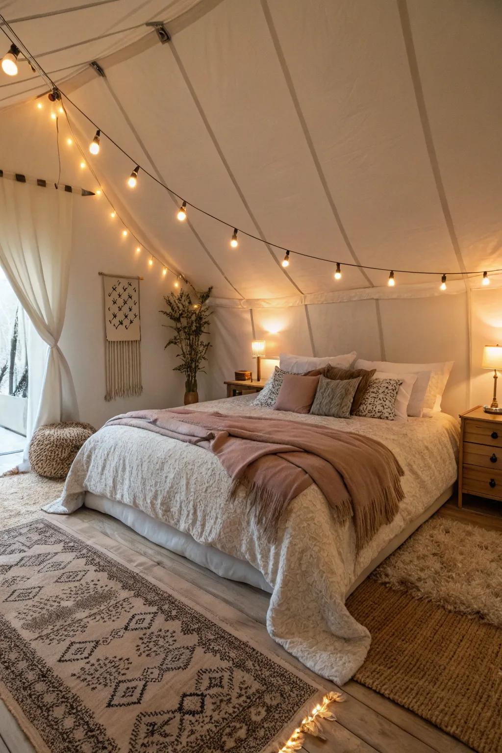 A warm bedroom with soft bedding and gentle lighting.