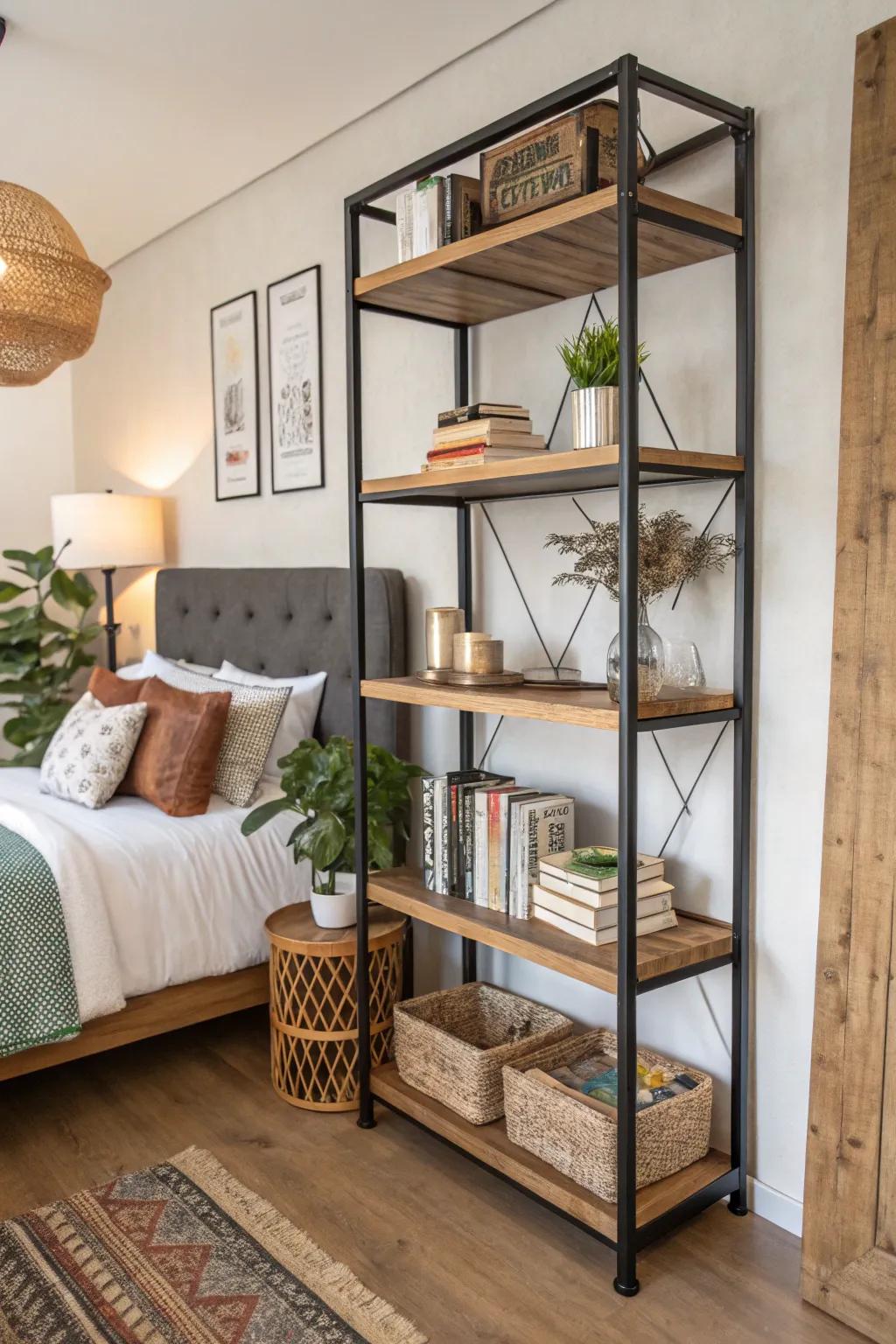 A blend of materials generates a remarkable contrast in bedroom shelving configurations.