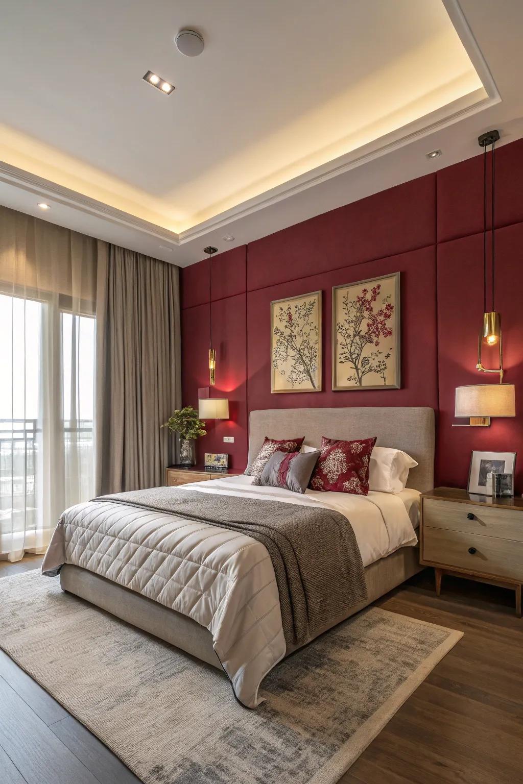 A carefully chosen accent wall becomes a captivating centerpiece in your bedroom design.