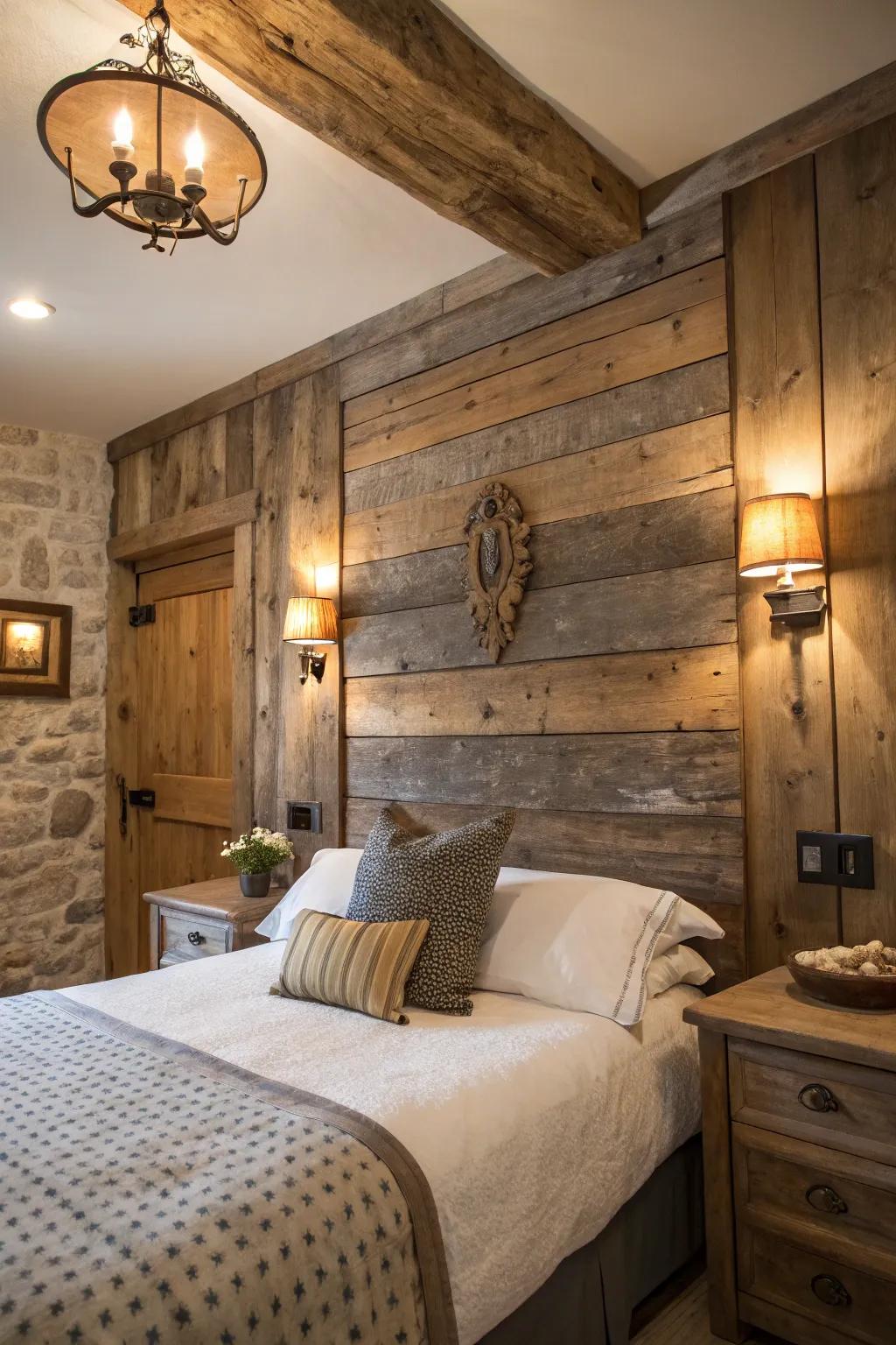 Wooden wall sconces bring rustic charm to your bedroom.