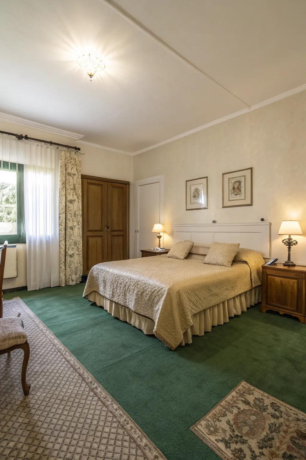 Understated hues flawlessly enhance the striking emerald floor covering in this serene bedroom.