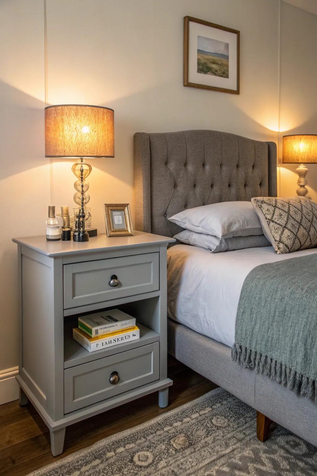 Grey bedside tables offering a blend of style and practicality.