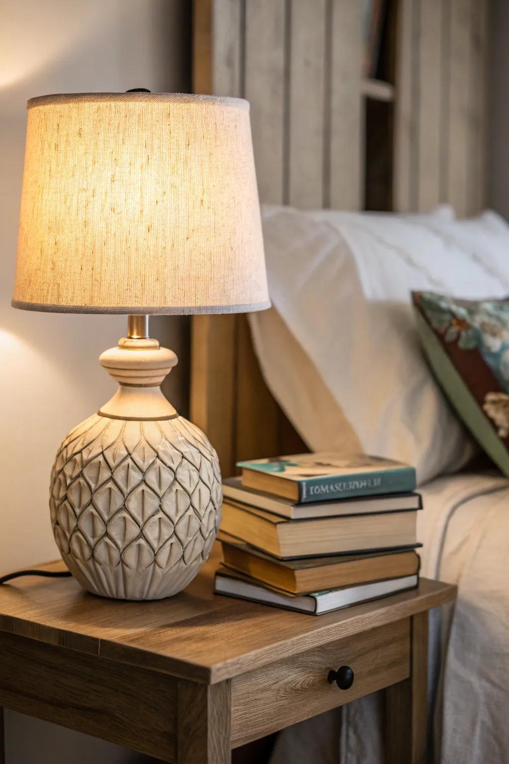 A distinctive lamp design enriches the bedside's appeal.