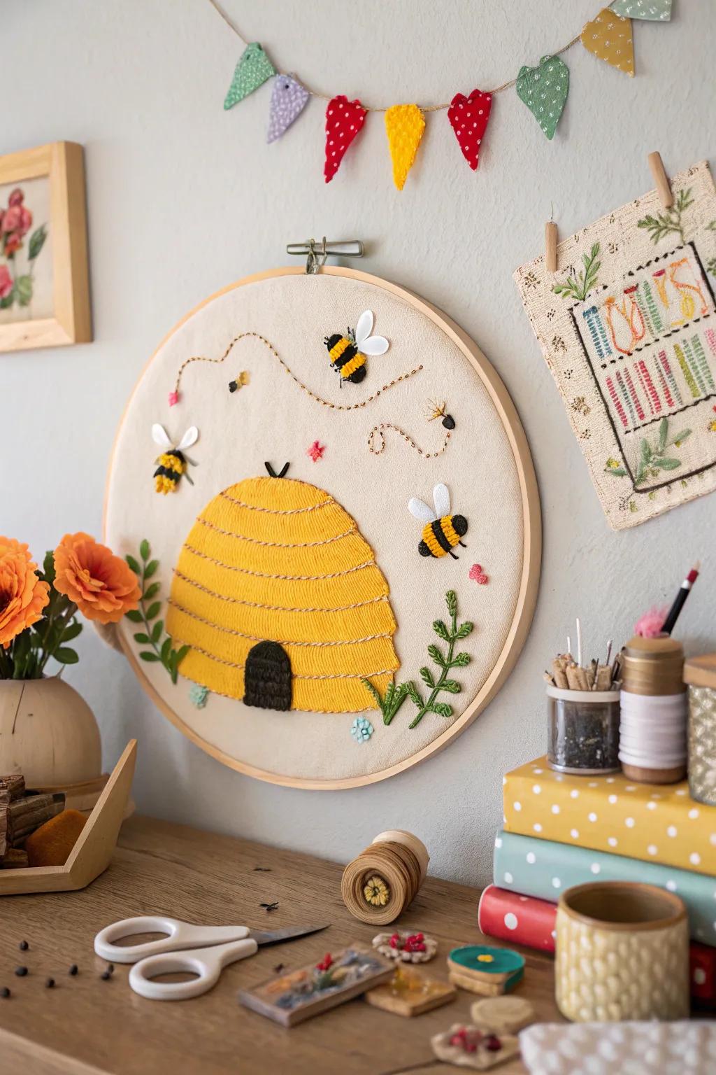 Introduce a playful element to your crafting space with a stitching frame beehive.