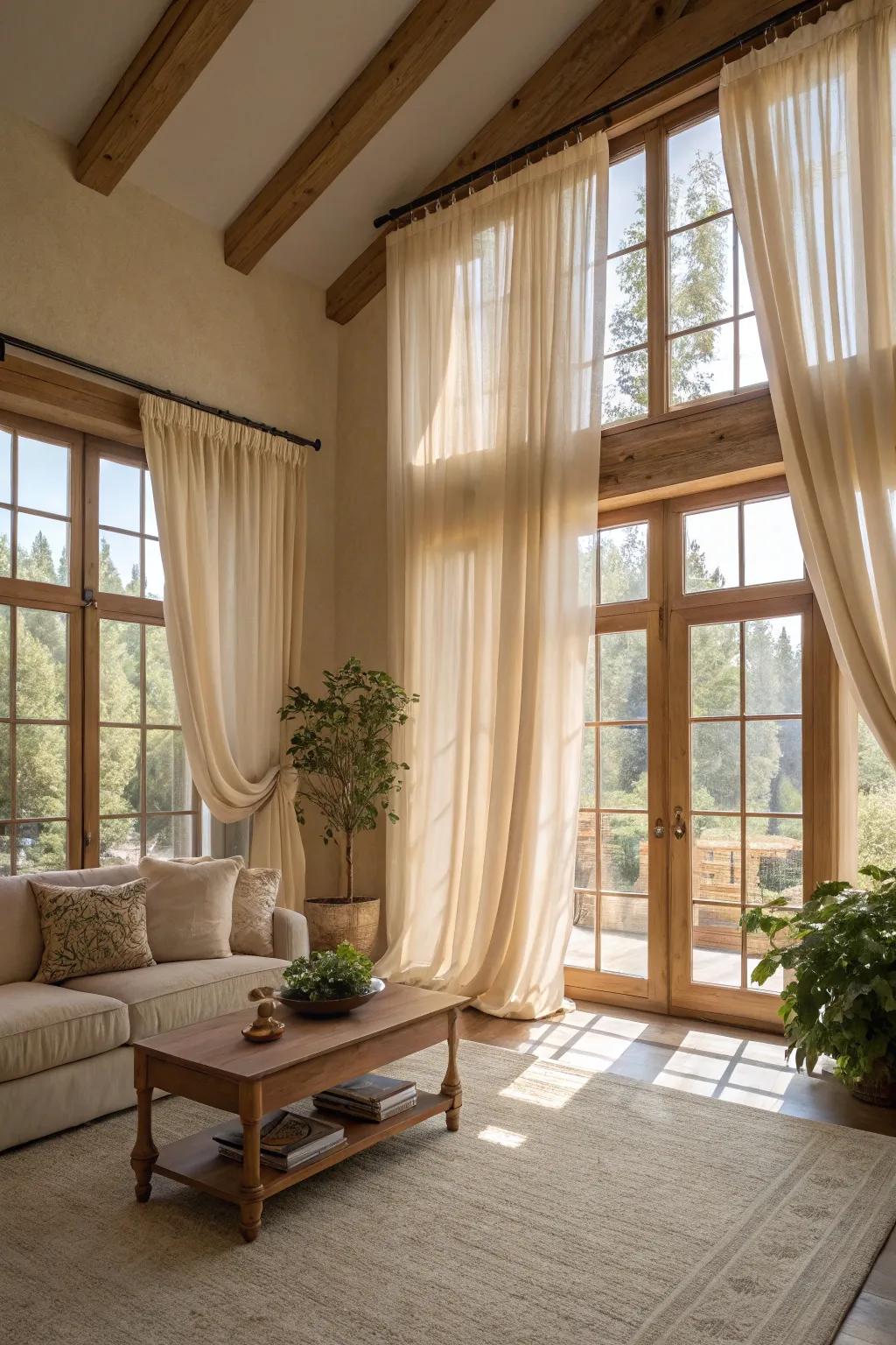Delicate window coverings infuse an airy quality into the area.