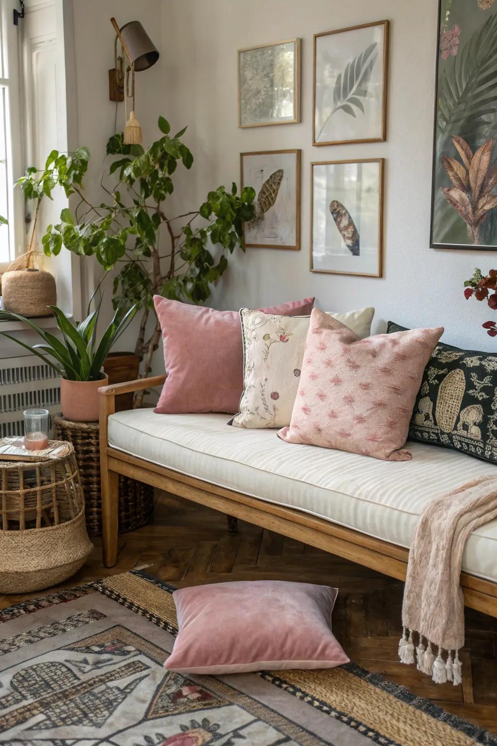 Mixing materials like linen and velvet creates a visually appealing pad ensemble.