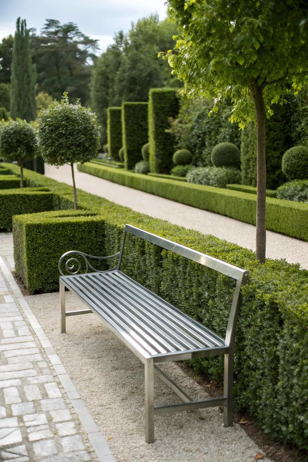 Clean-lined metal benches impart a polished look for modern gardens.