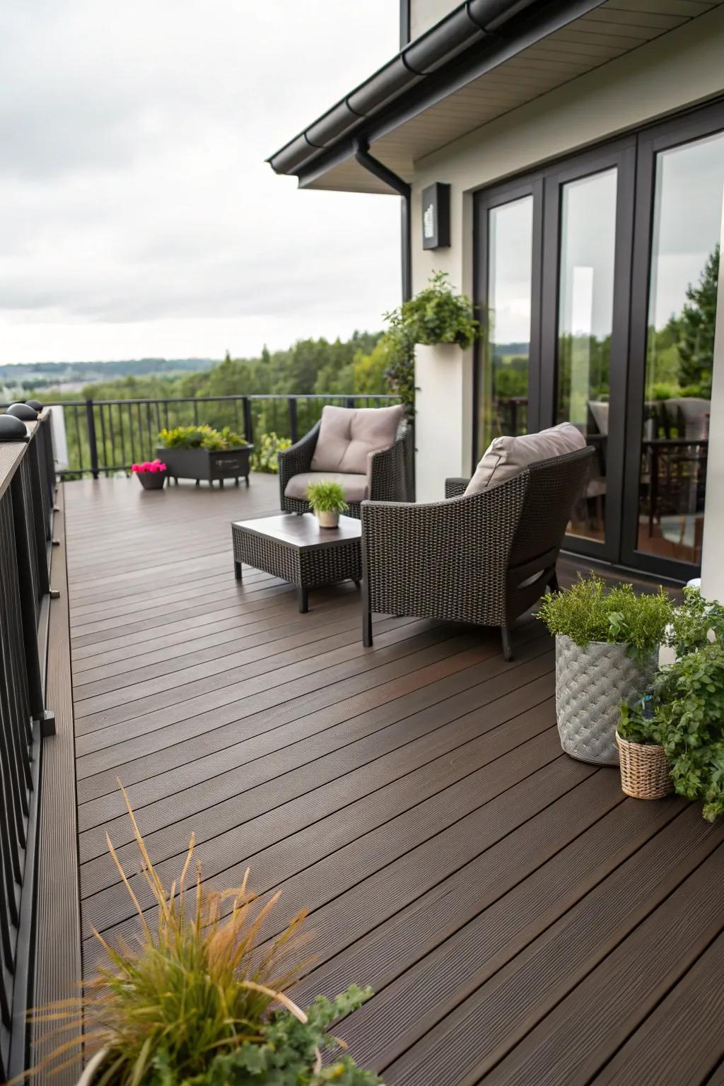 Deep brown decks present an aesthetic that is both modern and inviting.