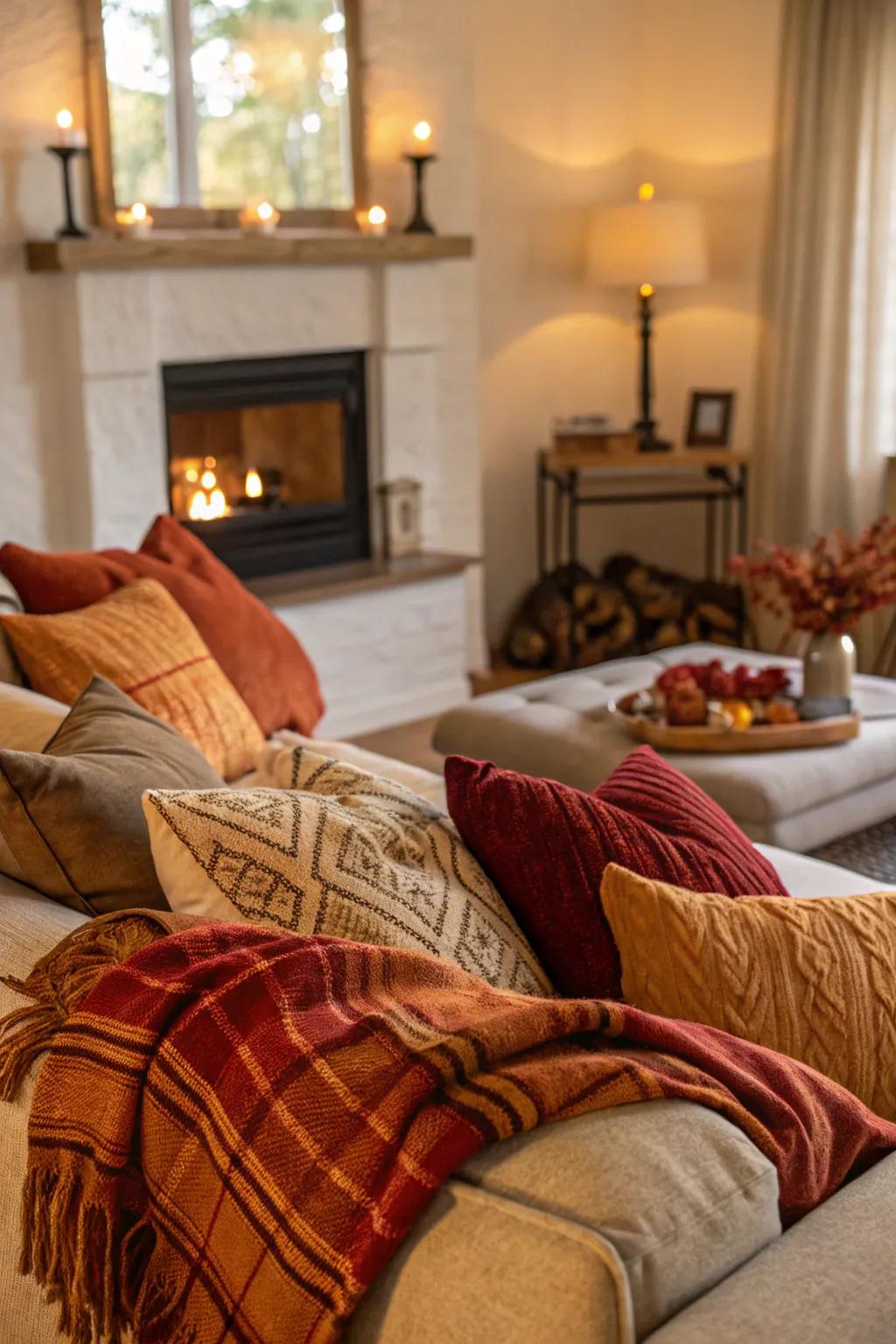 Develop a comfortable ambiance in your family room with warm-toned pillows and throws.