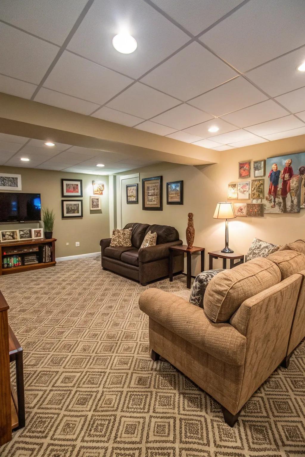Modular carpeting brings comfortable warmth to any basement setting.