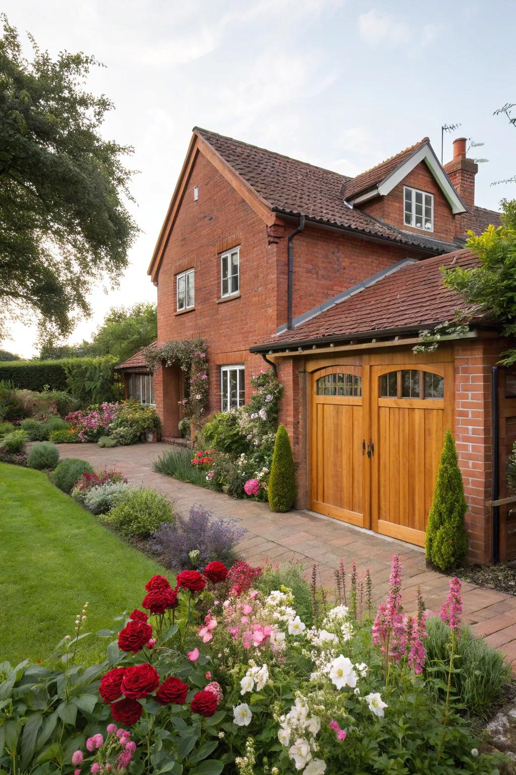Wooded garage doors deliver a traditional and cozy aesthetic to red brick exteriors.