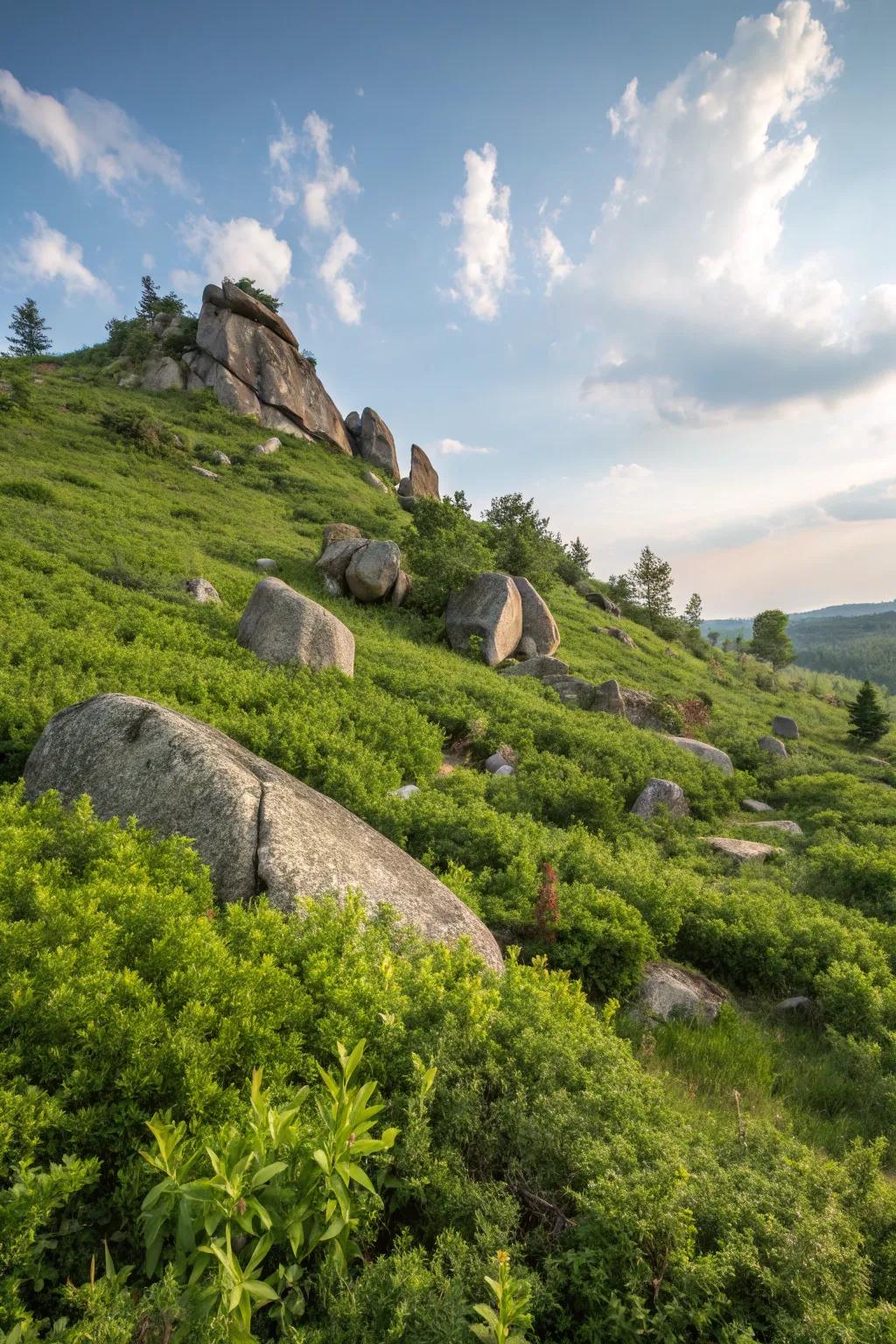 Stones and rocks merge to offer both support and visual appeal to hillsides.