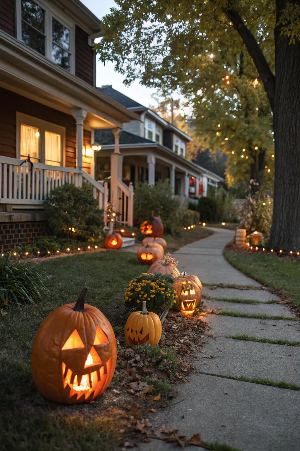 A gourd-lined path warmly guides trick-or-treaters.