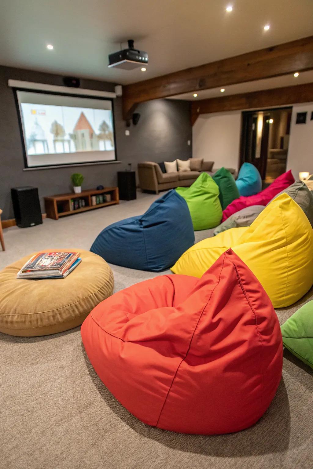 A casual home theater with vibrant bean bags for flexible seating.