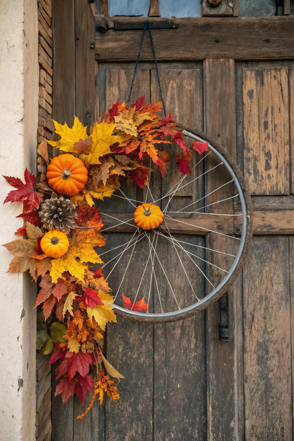 A seasonal bicycle wreath showcasing autumn leaves and gourds, ideal for fall.