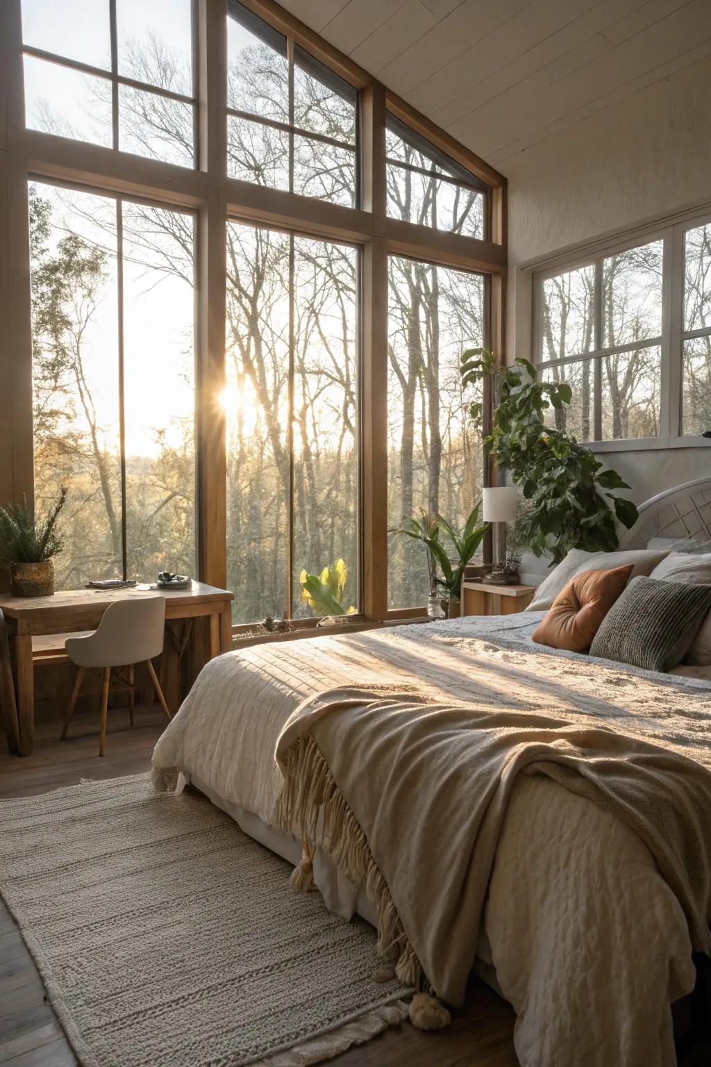 A roomy bedroom filled with sunlight from expansive windows.