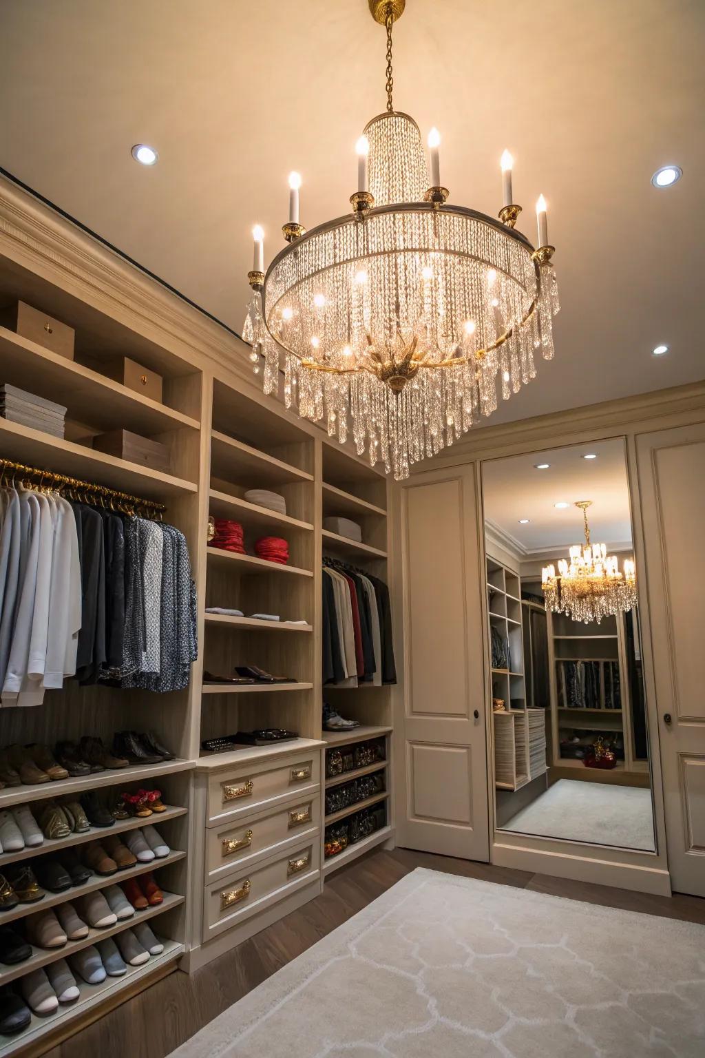 A walk-in closet showcasing a radiant chandelier suspended from the ceiling.
